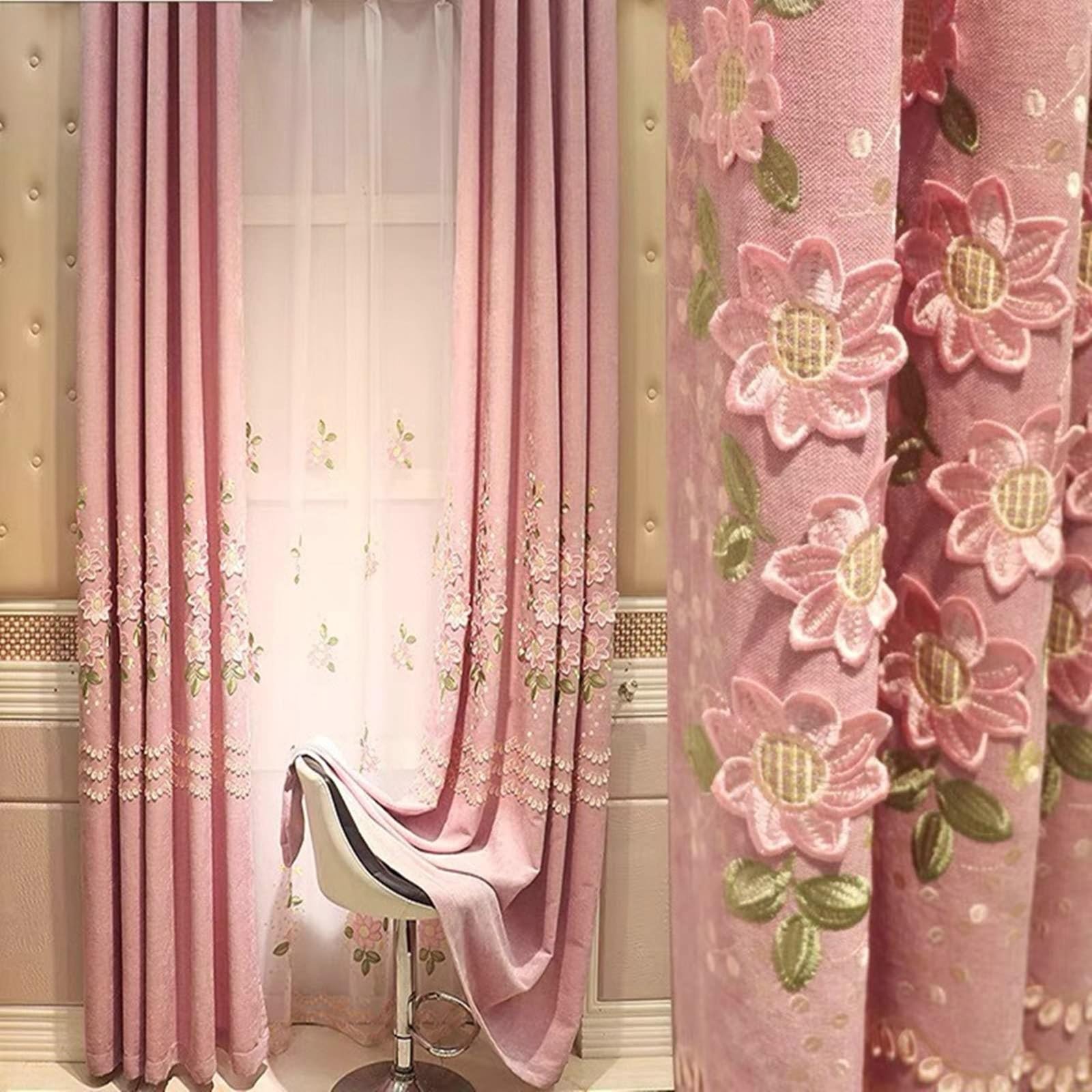 Beydodo Rideaux Occultant Salon, Rideau Chambre Decoratif 86x160 a Crochet, Rose avec Fleurs Et Feuilles Brodées Lot de 2, Chenille
