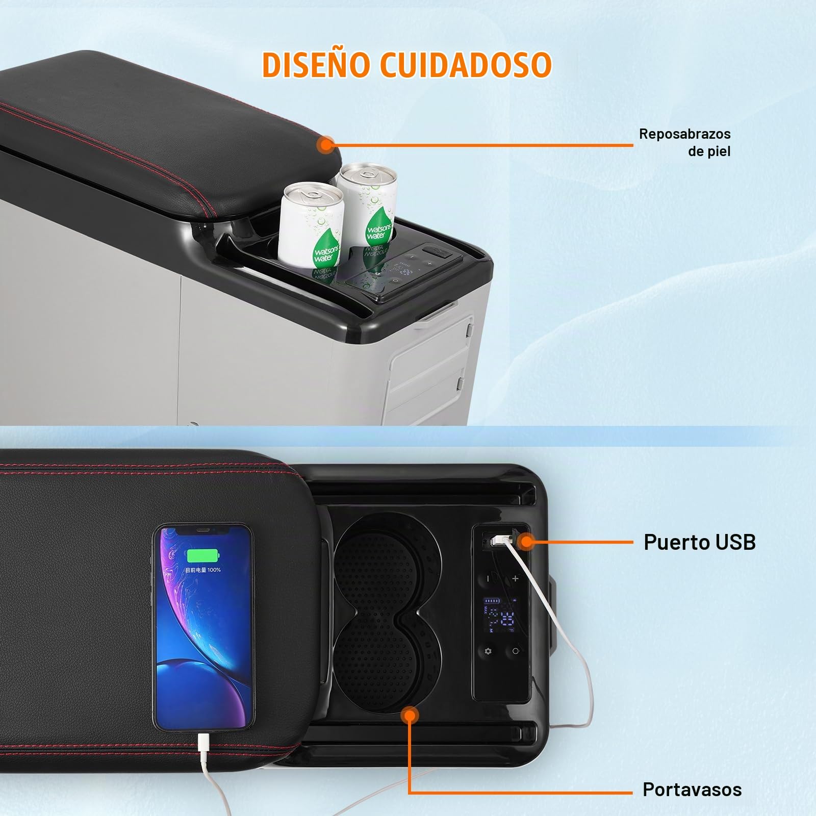 VEVOR Nevera de Compresión Portátil 15 L Mini Nevera con Reposabrazos para Coche 12/24V CC y 100-240V CA Mini Nevera de Zona Única -20°C a 20°C Ajustable para Coche Camión Barco Casa Camping