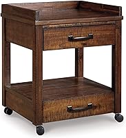 Signature Design by Ashley Baldridge Printer Stand with Outlets, USB Ports, Drawers, Shelves - Mobile Rustic Brown Wood Cart