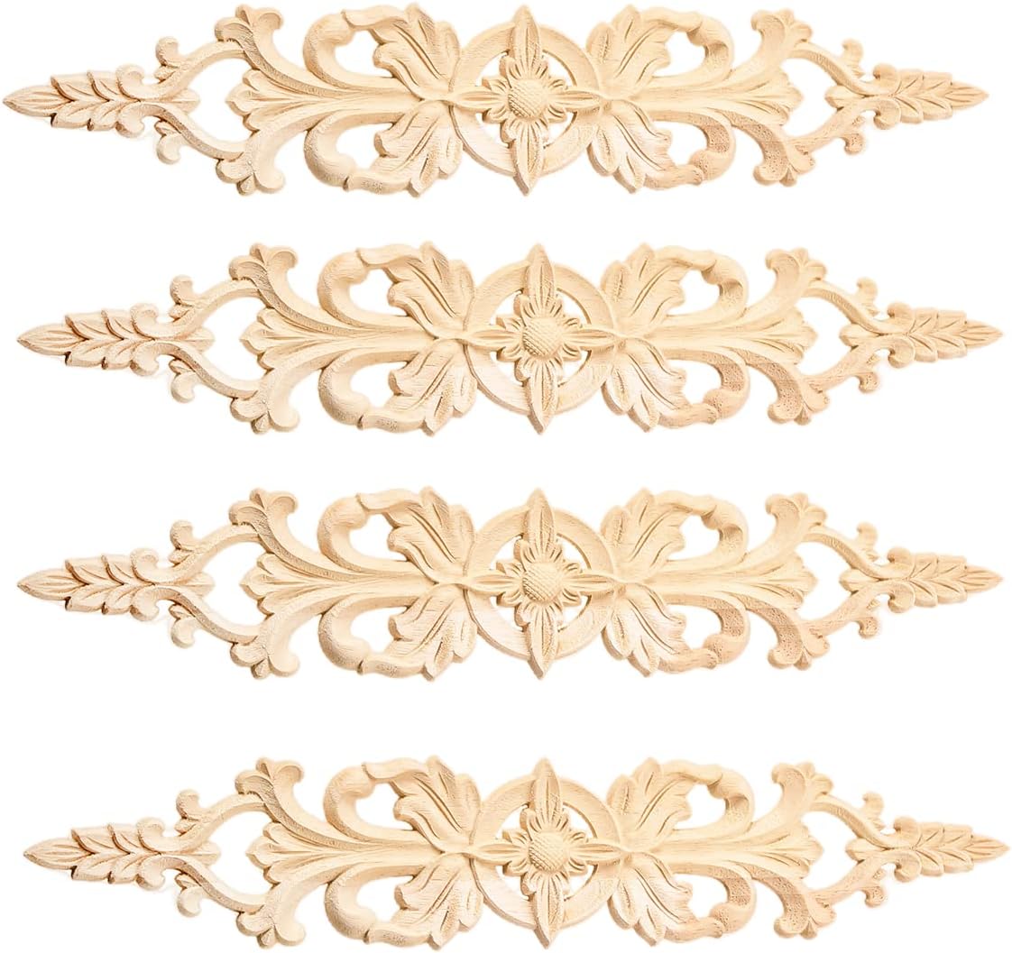 4Pcs Long Wood-Carved Onlays Appliques for Furniture, Unpainted Wooden Carving Decals for Wall Cupboard Mirror Mantel Door Bed Cabinet Ceiling Dresser Refurbish Project(33x6cm/12.99"x2.36")
