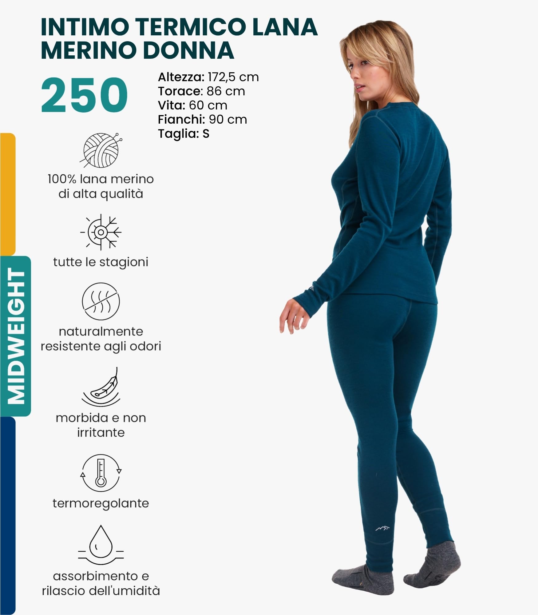 Merino.tech Completo Lana Donna Merinos - Intimo Termico Merino Maglia e Pantalone con Calzini Leggero, Medio, Pesante