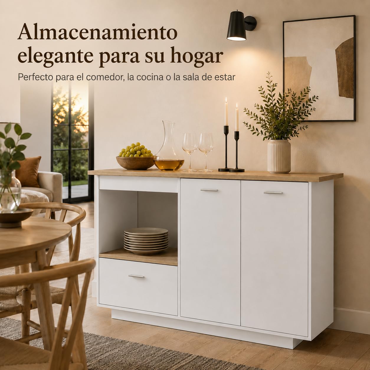 Isla de Cocina Blanca 150cm con Encimera – Buffet de Cocina con Barra de Desayuno, Cajón, 2 Puertas & Vinoteca Abierta – Mueble Buffet para Cocina & Comedor, 150×91×80cm