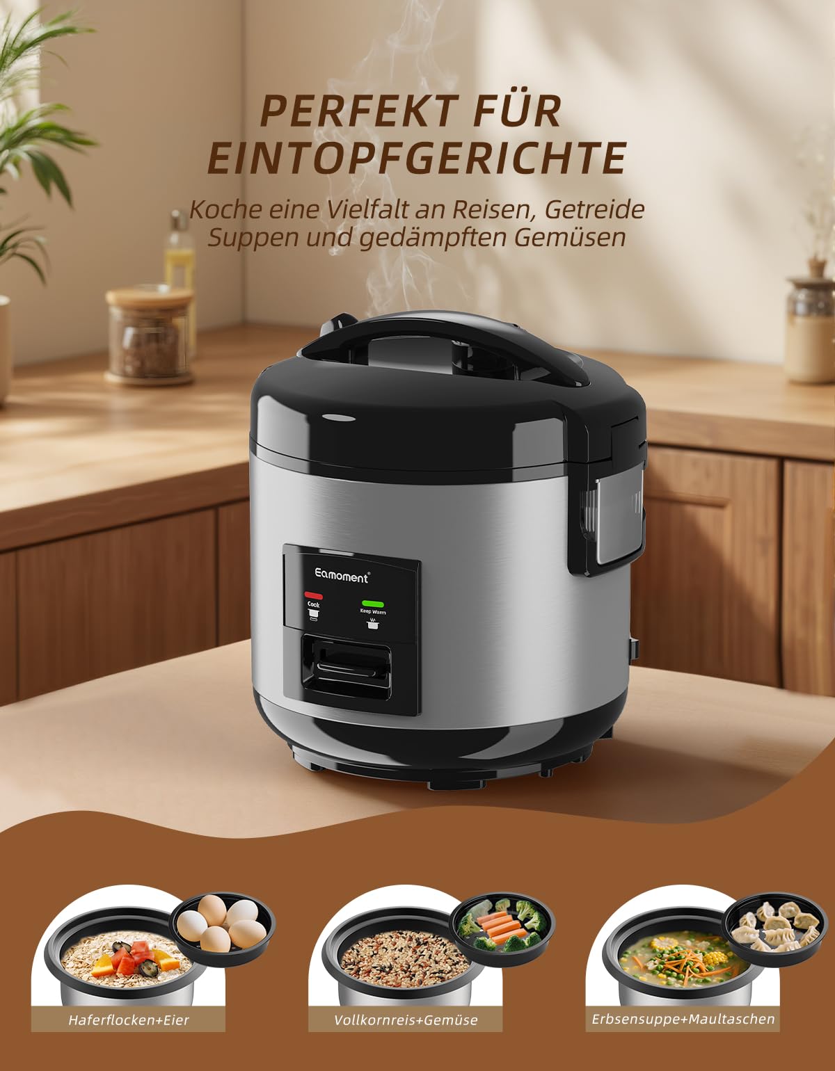Reiskocher, 1L Elektrischer Dampfgarer mit Antihaftbeschichtung, für 1-5 Personen, schnelle Zubereitung ohne Anbrennen, mit Warmhaltefunktion, Dämpfeinsatz, Reislöffel und Messbecher