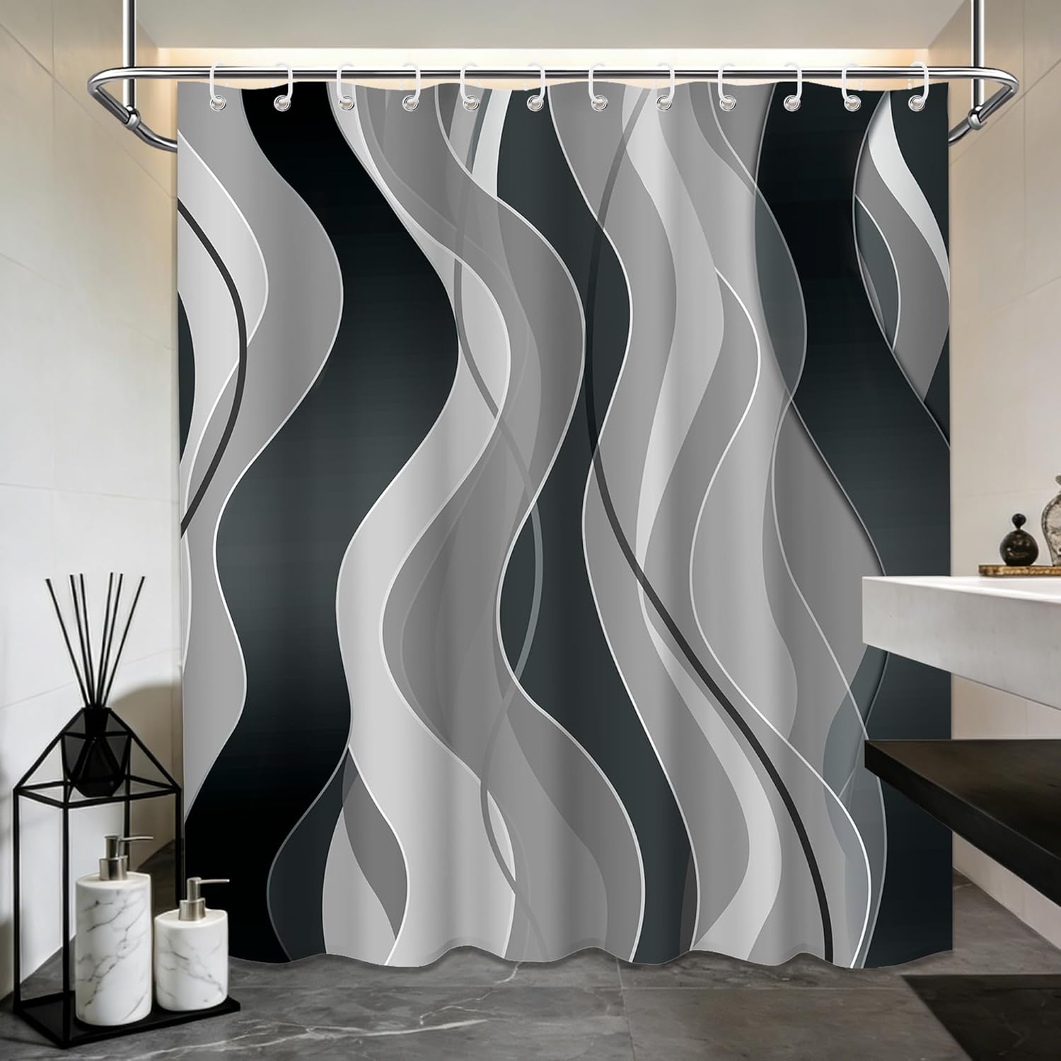 Drak Grey Striped Shower Curtain Modern Abstract Charcoal Gray Ombre Shower Curtains for Bathroom Decor, Waterproof Cloth Fabric with Hooks 70" W x 72" L