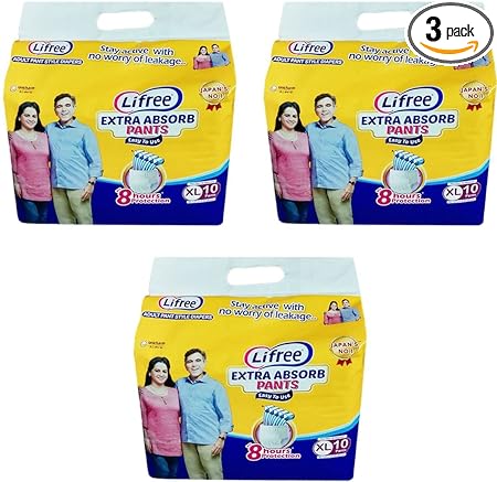 Lifree ADULT PANT STYLE DIAPERS, SIZE XL, 10 PCs. PACK, COMBO OF 3 PACKS, FOR WAIST SIZE 35-49 INCHES
