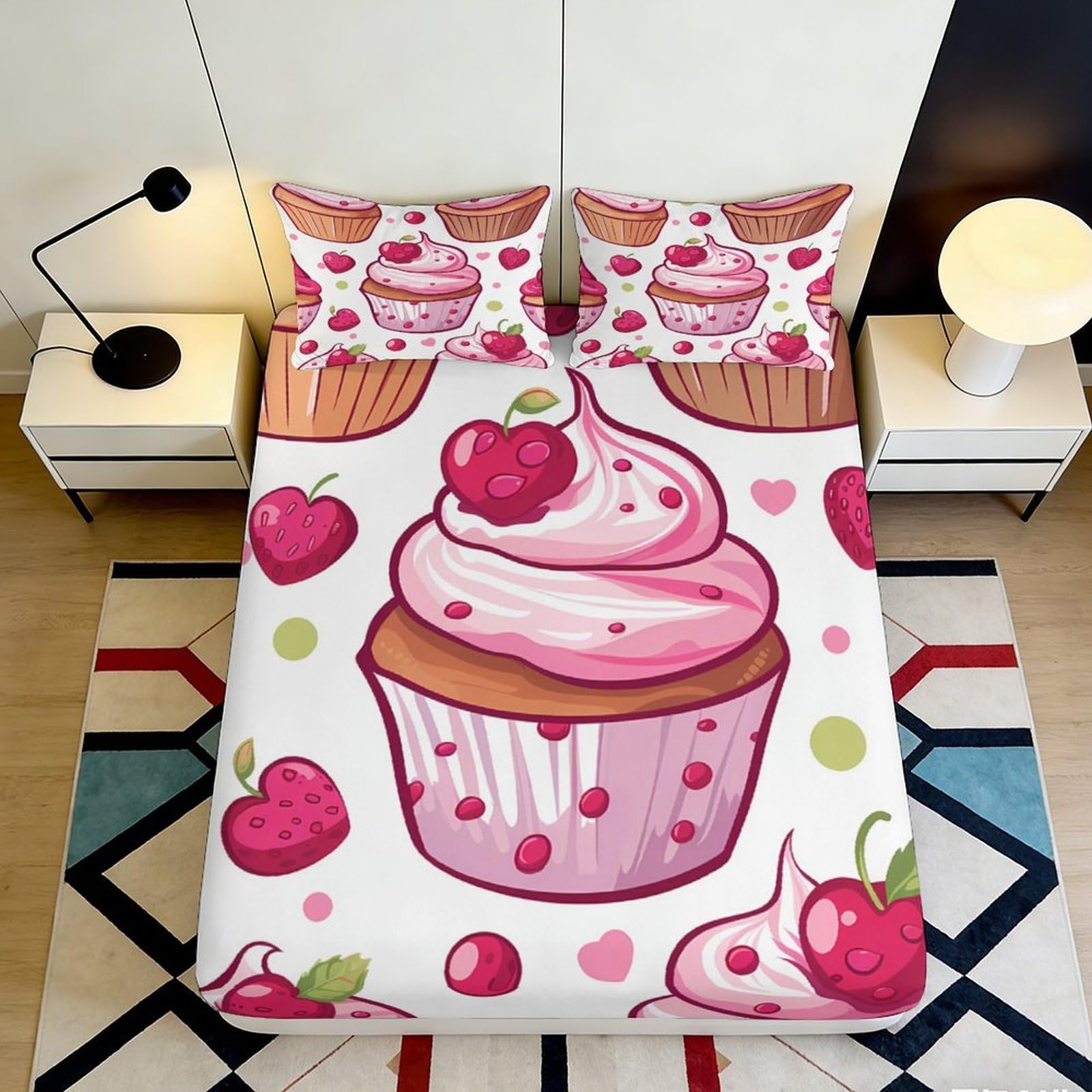 Pnayamiorkfel Style-10 3D Printed Strawberry Cupcake Fitted Sheet Microfiber Anti-Slip Bed Cover For Bedroom Dorm Easy Care Decorative 90X200x25cm