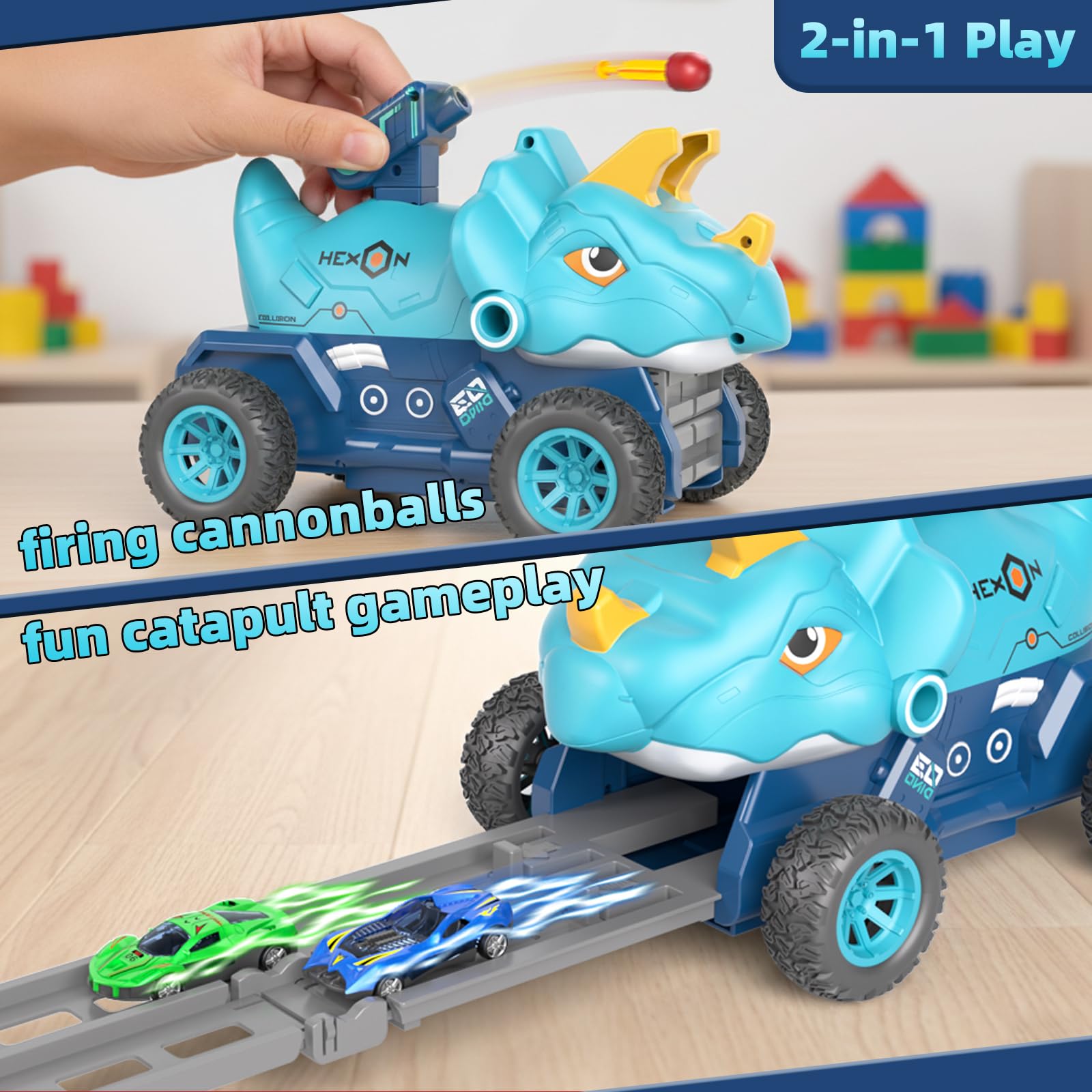 Doloowee Dinosaur Track Car, Toy Car with Inertia Force, Car Race Track Set Gift for Boys Aged 3-5 Years, Blue - Image 2