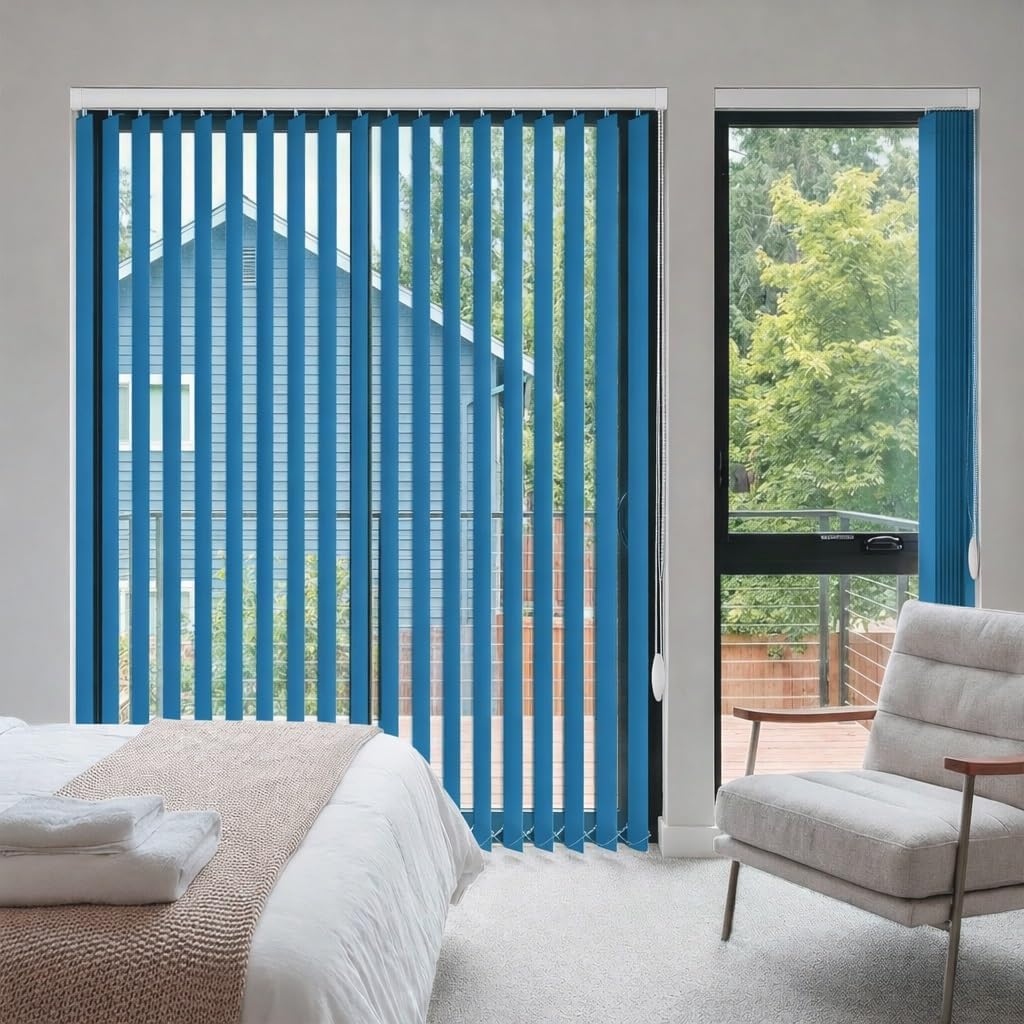 Vertical Blinds for Windows and Sliding Glass Doors, Light Filtering Solar Fabric Blackout Door Shades Blue Room Darkening Cordless Window Blind for Home or Office(108" W x 58" H)