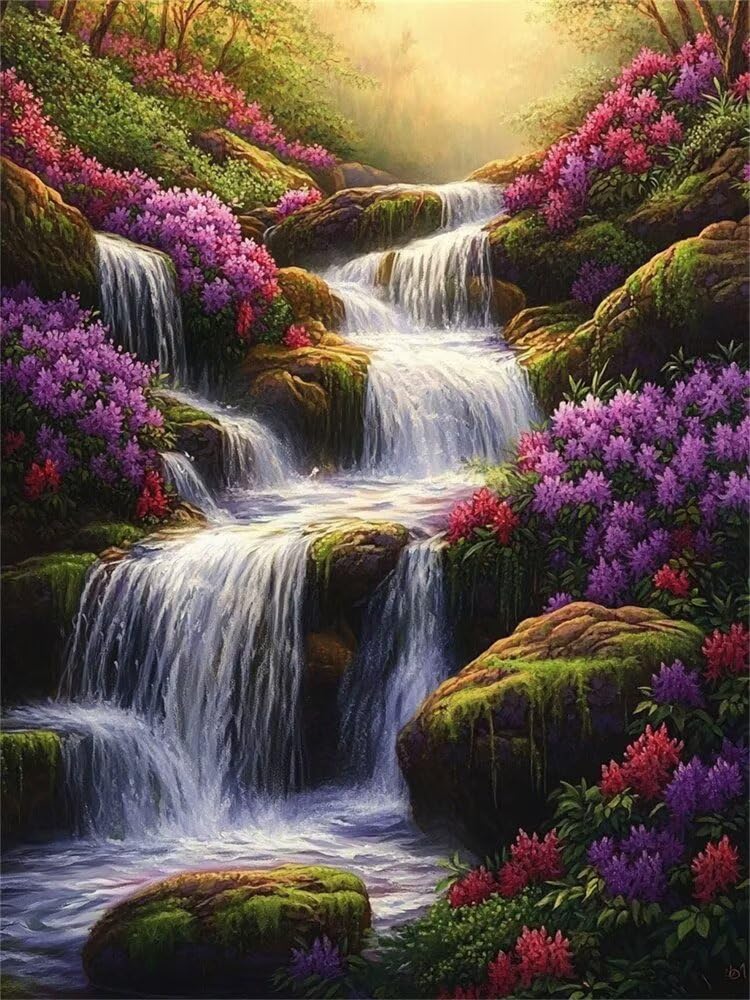LLWYH Paint by Numbers for Adults Landscape River Flowers Paint by Numbers On Canvas, DIY Painting by Numbers for Adults Beginners with Brushes Acrylic Pigment 12x16 Inch (Without Framed) -YH1274