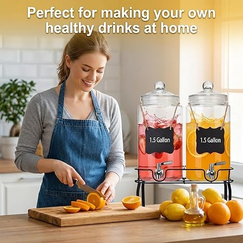Miniatura 4 de Juego de 2 dispensadores de bebidas de vidrio de 1.5 galones, dispensadores de bebidas para fiestas, dispensador de bebidas con soporte y tapa de