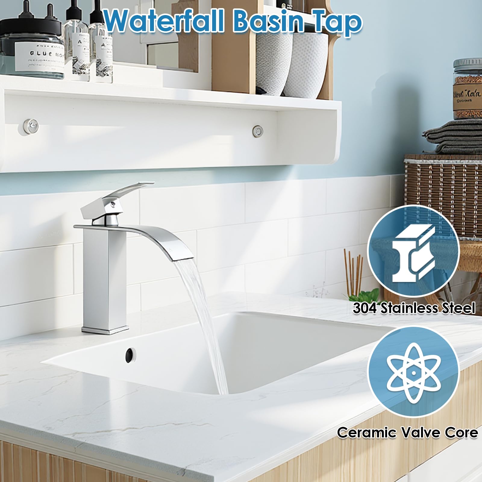 VONATES Bathroom Taps, 304 Stainless Steel Waterfall Tap with Ceramic Valve Cartridge, 60cm G1/2 Hoses, Easy to Install - Image 2