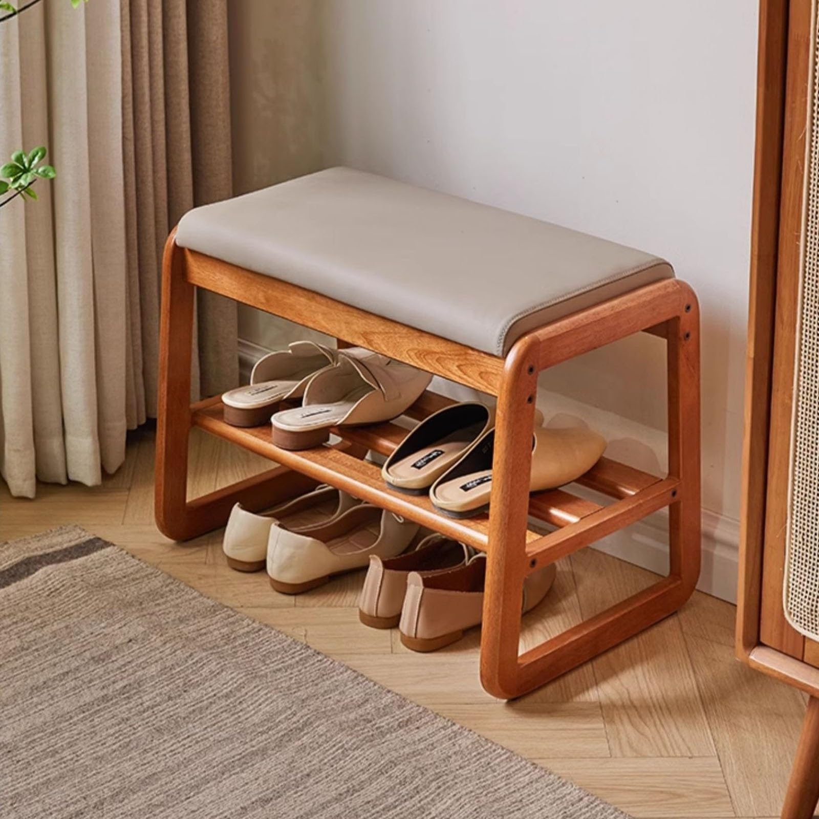 Meuble à chaussures moderne en bois à 2 niveaux avec banc en cuir pour l'entrée