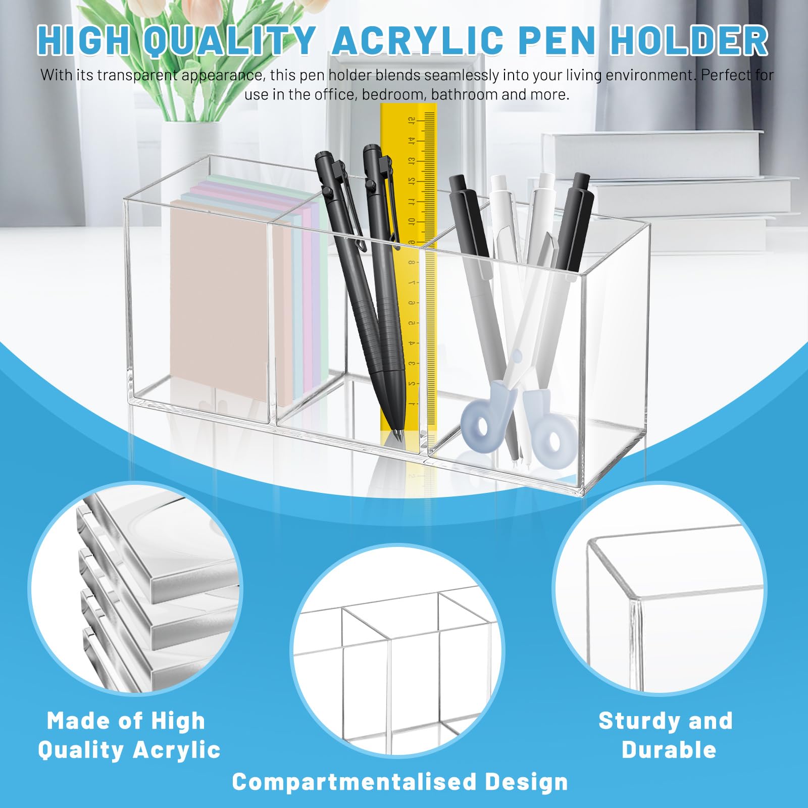 Realand 2Pcs Acrylic Pen Holder for Desk 3 Compartments Clear Makeup Brush Holder Organizer, Pen Cup for Pencil Marker - Image 3
