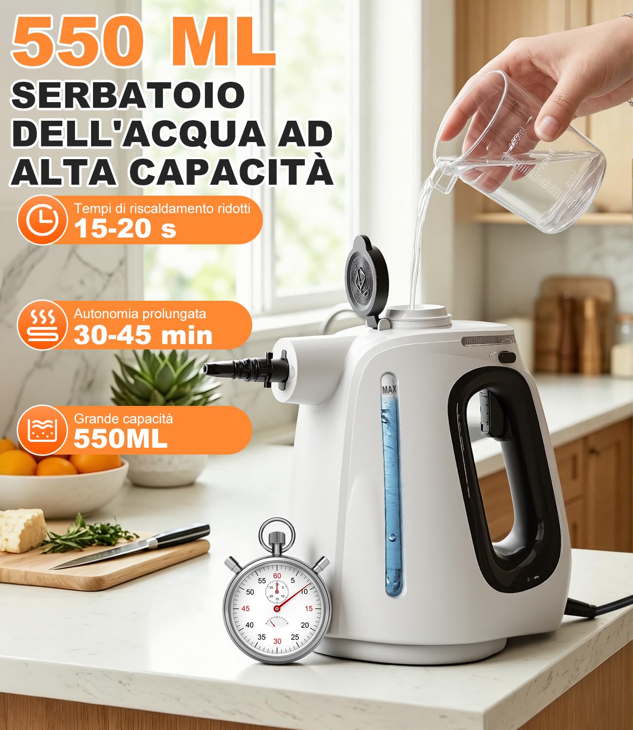 Pulitore a Vapore Portatile 1350W - Riscaldamento 15S, 3Bar, Steam Cleaner con 10 Accessori, Cavo da 3M, Serbatoio 550ML, Vapore a 16 Minuti, Ideale per Tappezzerie, Cucina e Auto