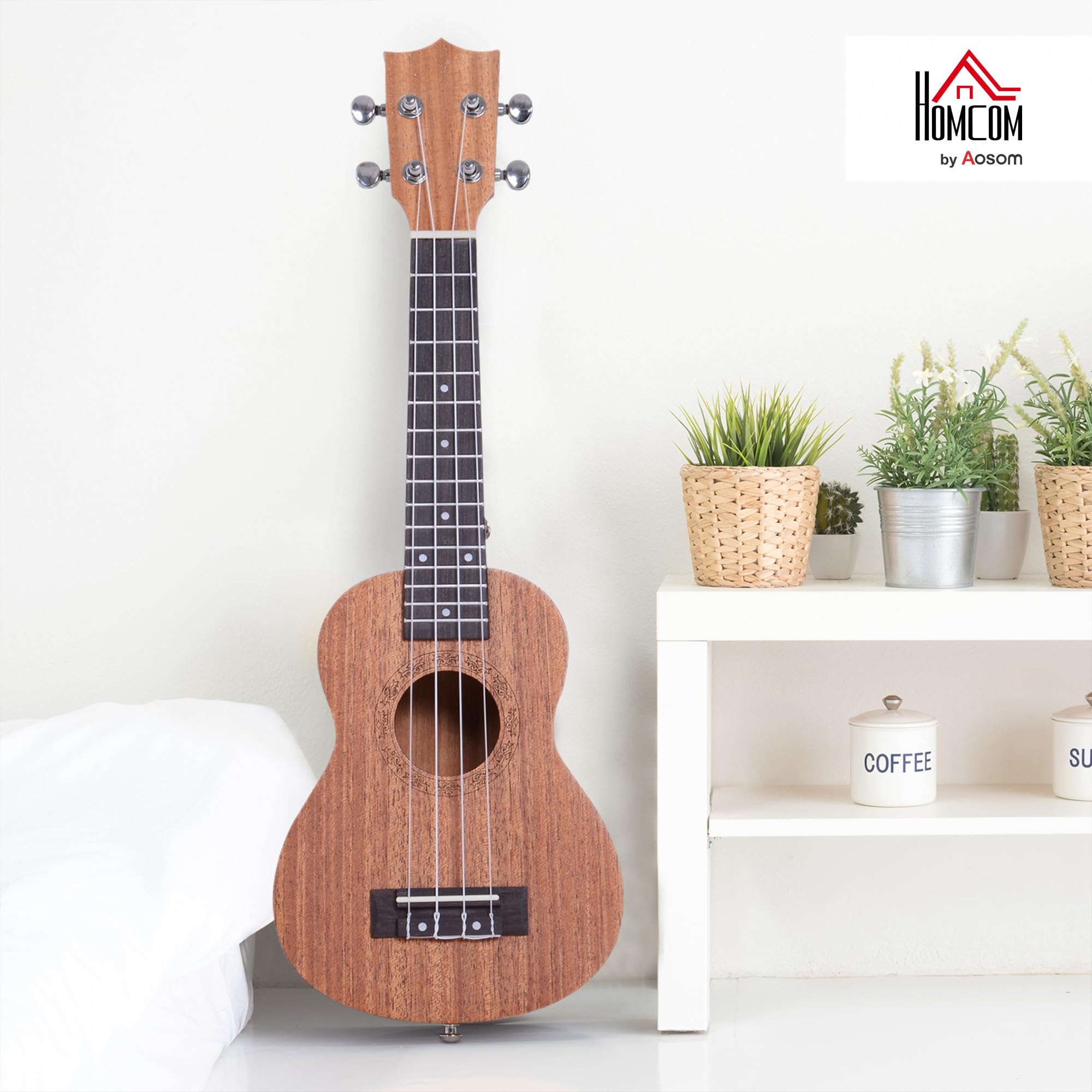 HOMCOM Ukelele 21 Pulgada Ukelele Soprano de Iniciación para Principiantes Ukelele Concierto Hawaiian Cuerdas Aquila de Nylon Material Madera 53x17,5x6,2 cm
