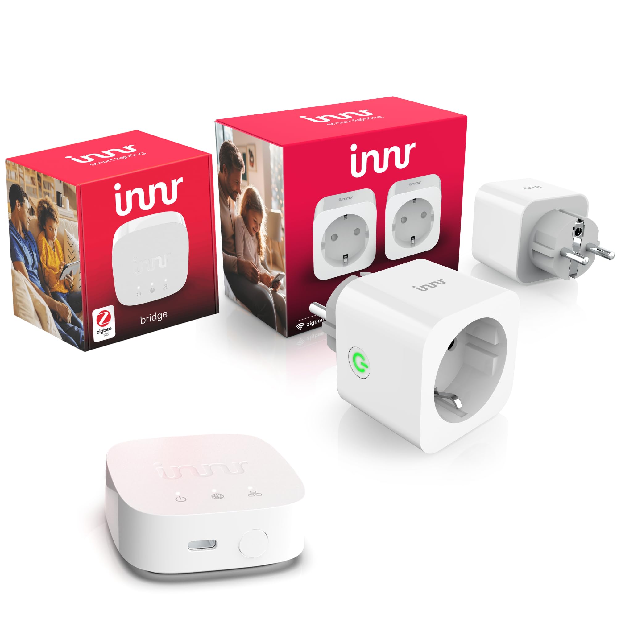 innr Innr Zigbee Energie-Sparset, 2 Smart Steckdosen mit Energieverbrauchsmessung, Zigbee Bridge, App-Steuerung, Fernsteuerung, Zeitpläne und Energieeinsparung, kompatibel mit Amazon Alexa