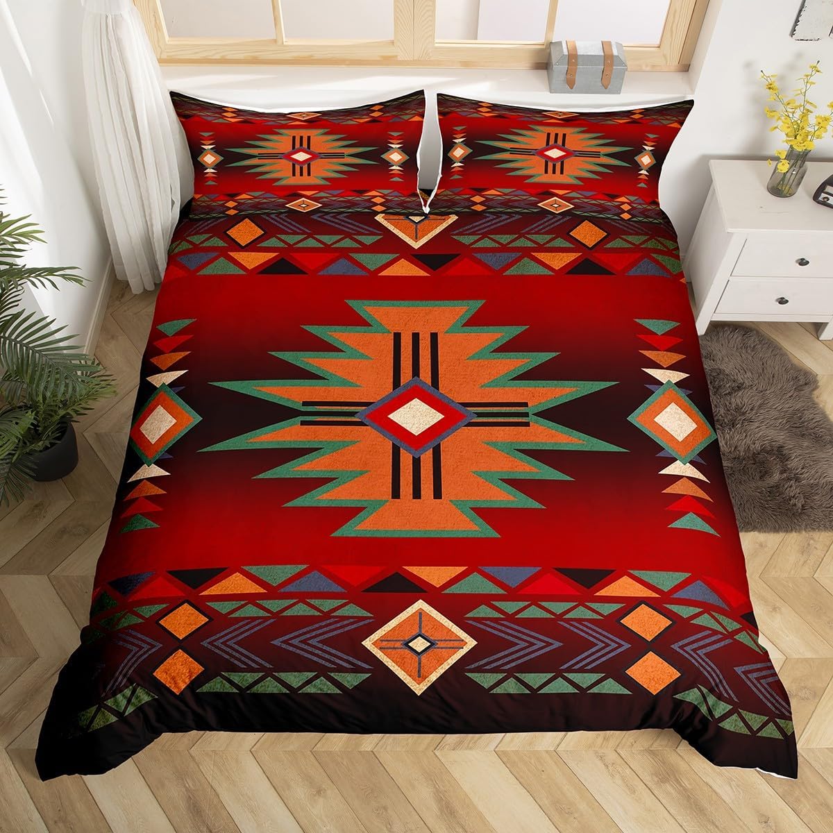 Western Duvet Cover Set King Size,Red Black Cowboy Cowgirl Bedding Set for Boys Girls,Kids Adult Aztec Native Tribal Comforter Cover Retro Geometric Arrow Striped Bohemian Quilt Cover,2 Pillowcases