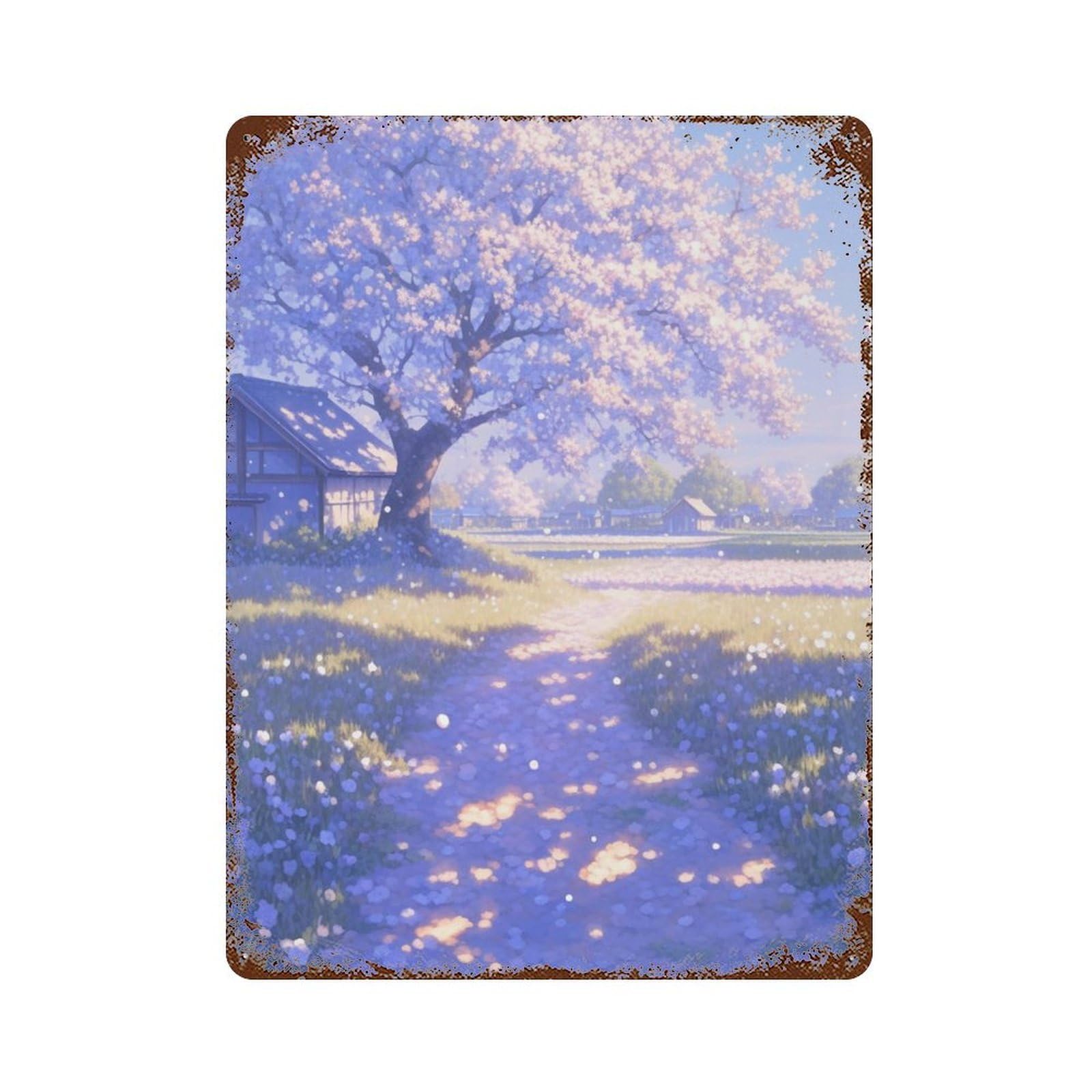 Rust Effect Cherry Blossom Pathway Scene-1 Aged Metal Wall Plaque 15.7"x11.8", Industrial Home Decor for Cafe, Home Bar And Lounge Decor