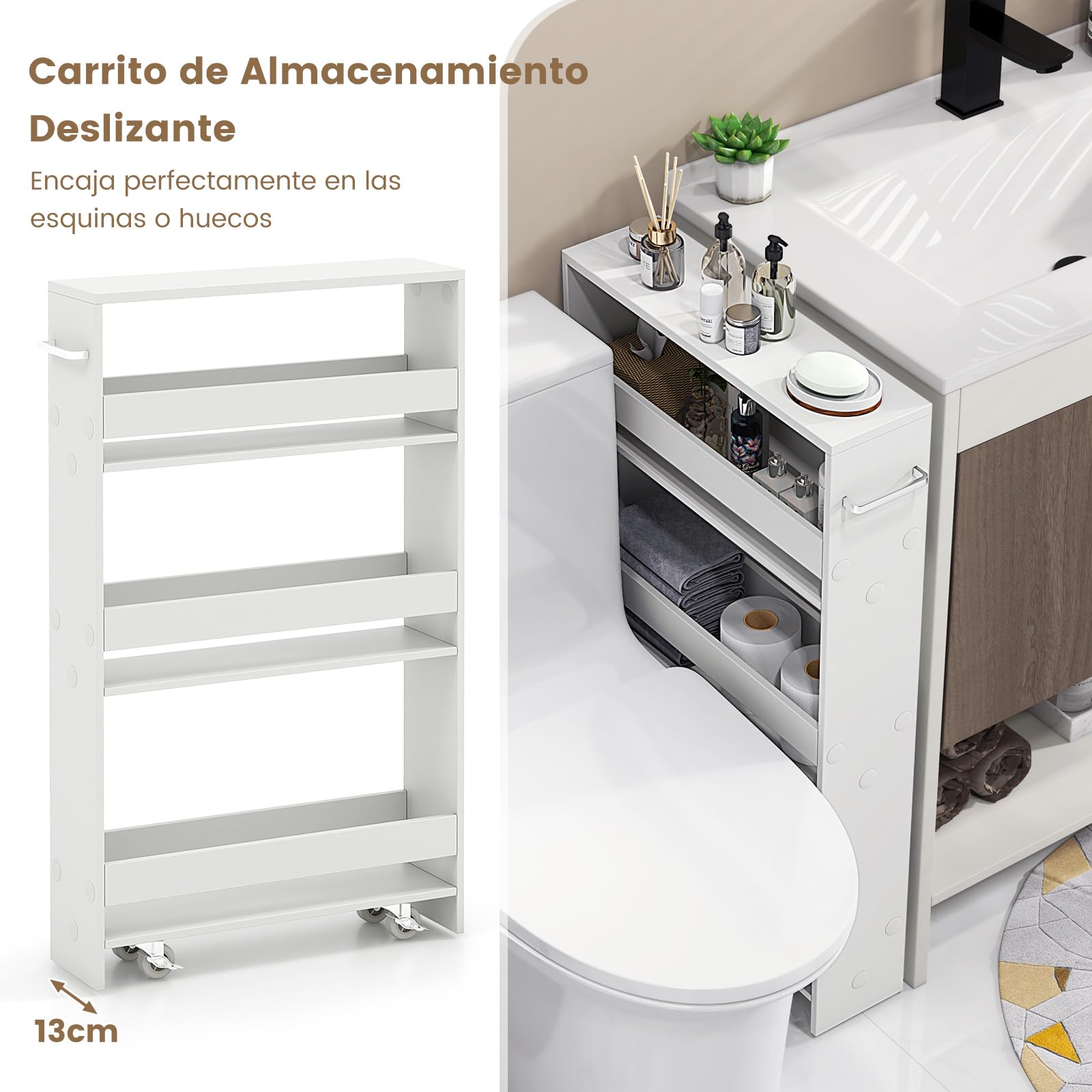 COSTWAY Carro de Almacenamiento Estrecho de 4 Niveles, Carrito Auxiliar con Ruedas, 4 Estantes, Barandillas Anticaídas y Asa, Ahorra Espacio, Carrito para Cocina, Baño, 47,5x13x80,5 cm, Blanco