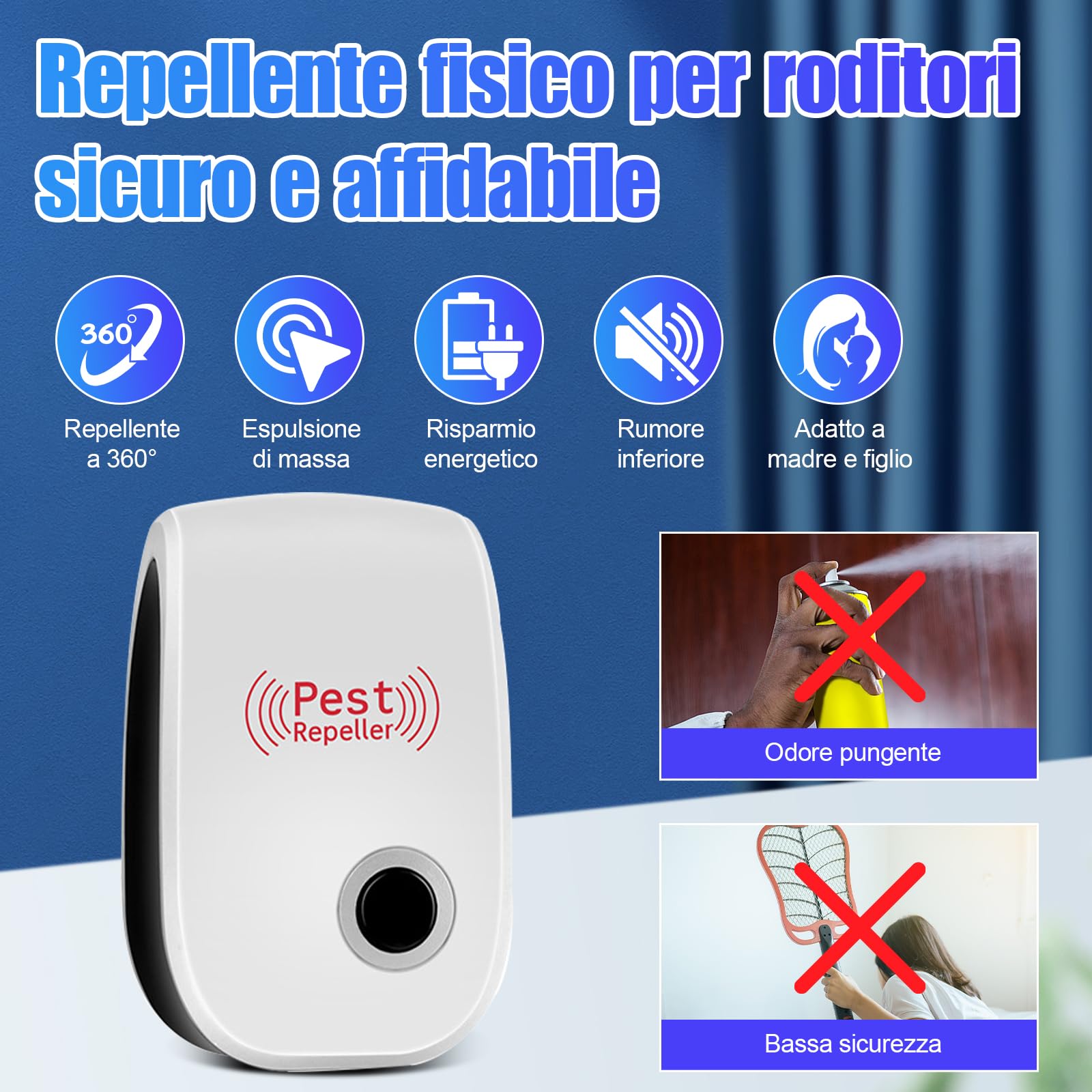 10 Pack Repellente ad Ultrasuoni per Topi,Antizanzare Repellente Ultrasuoni Professionale,Efficace Contro le Formiche/Mosche/Insetti/Scarafaggi/Topi/Zanzare/Ragni,Human & Pet Friendly