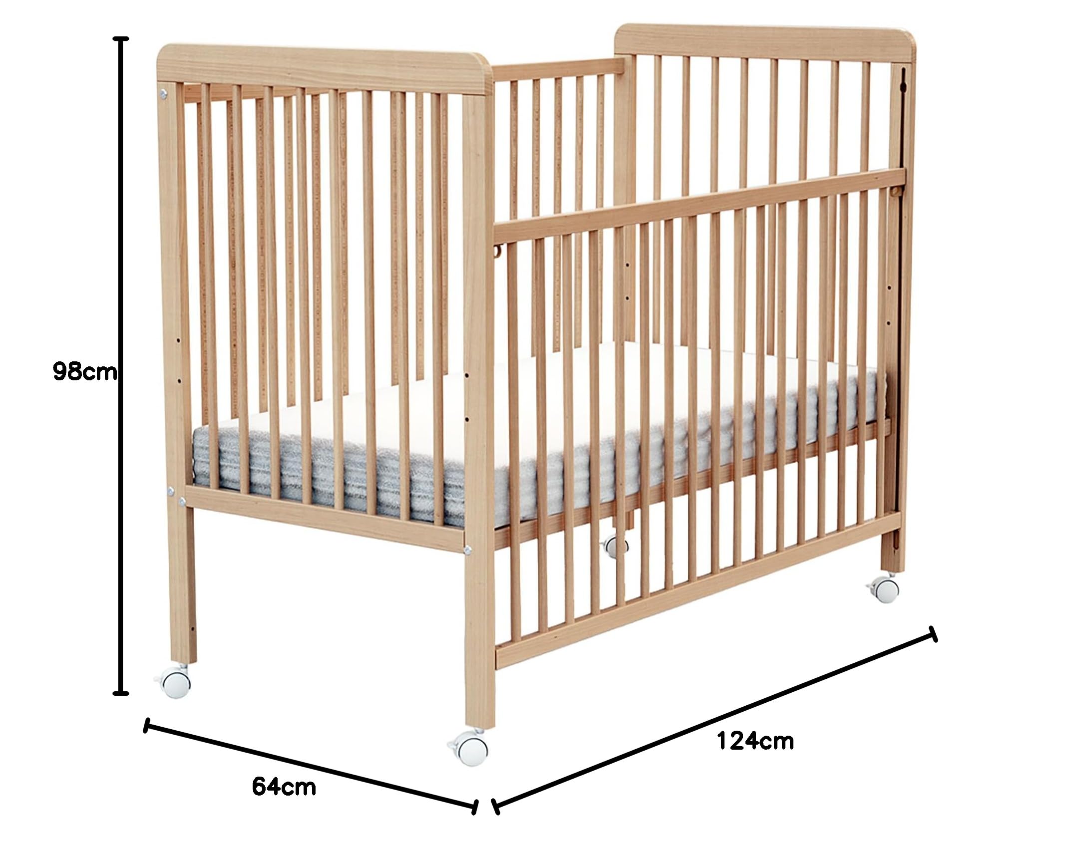 Webaby - Lettino bambini con sponde regolabile LIVO legno - Faggio verni - 60 x 120 | Base del cassone regolabile a 3 altezza | 4 ruote multidirezionali con freno