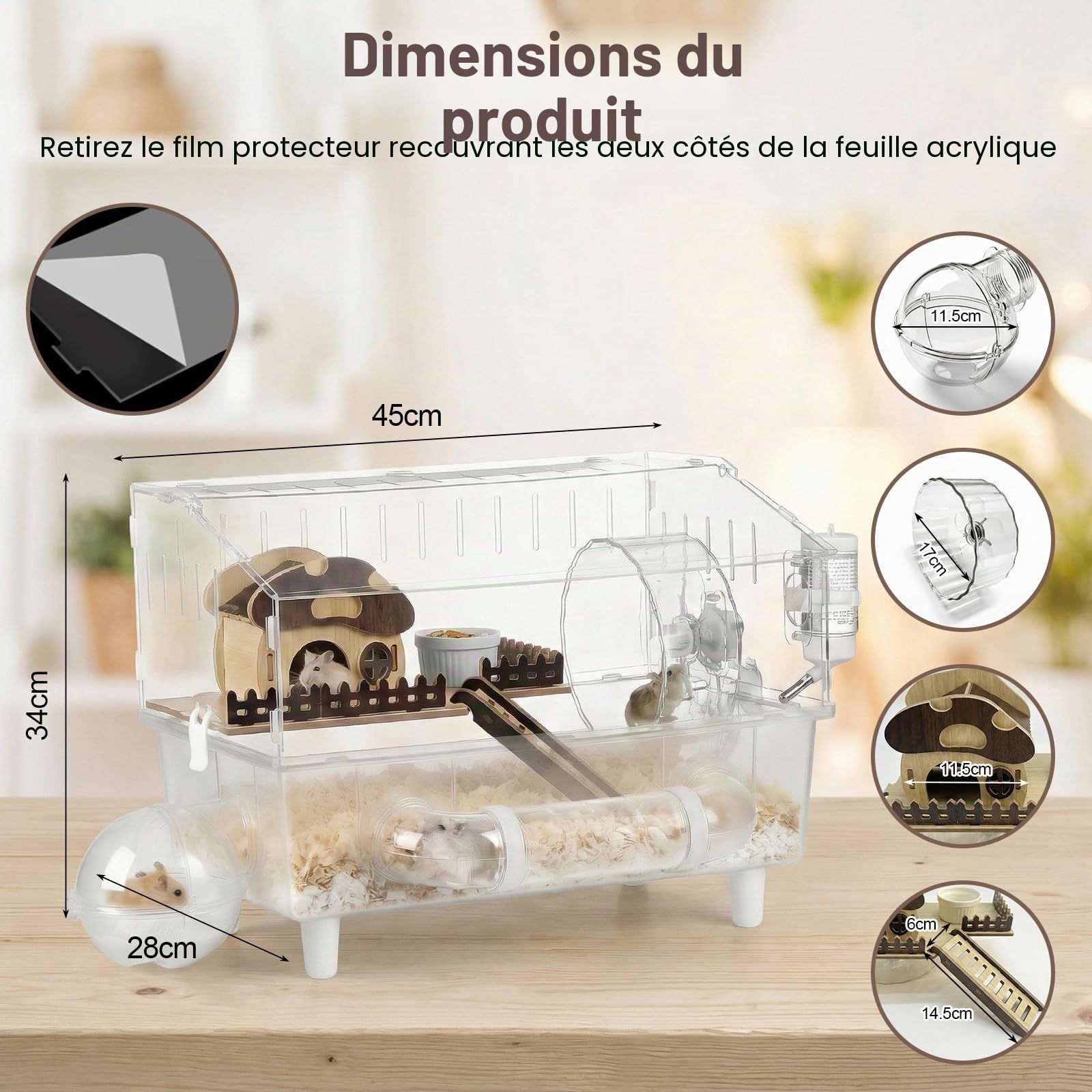 Grande cage pour hamster syrien à 2 couches, en acrylique, avec fenêtre de visualisation, 45 x 28 x 34 cm, entièrement transparente, avec décoration de maison de champignons, cage à souris pour