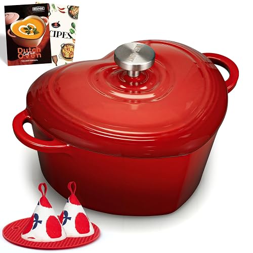 Overmont Enameled Cast Iron Dutch Oven - 2QT Heart-Shaped Mini Pot with Lid | Oven Safe to 500°F, Mini Cookware with Recipe Potholder, for Bread Baking Soups Stews, Gift for Wedding Birthday Housewarming