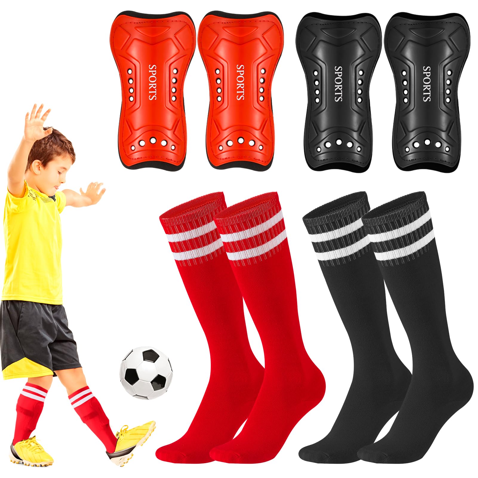 ZhouBoat Kids Soccer Shin Guards, Soccer Socks Kids 6-8, Protective Soccer Equipment for Boys Girls Football Games, 4 Packs, 6-10Y