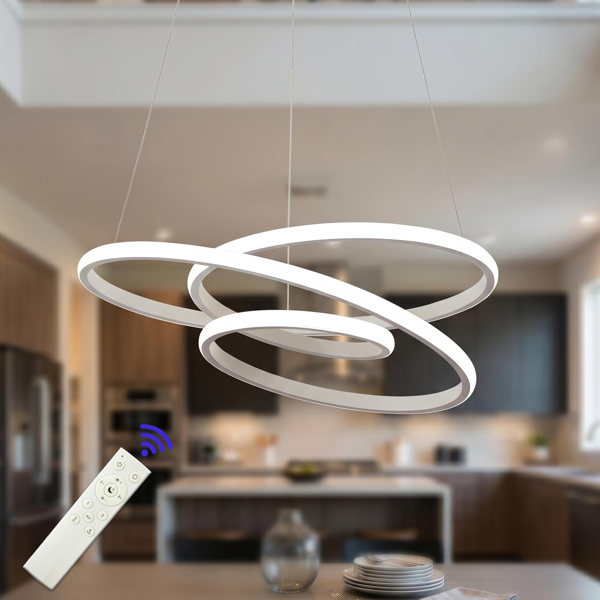Lampadario rotondo a LED moderno Art Déco, luci a sospensione dimmerabili con telecomando, lampada a sospensione regolabile per isola cucina, soggiorno e sala da pranzo, 68W
