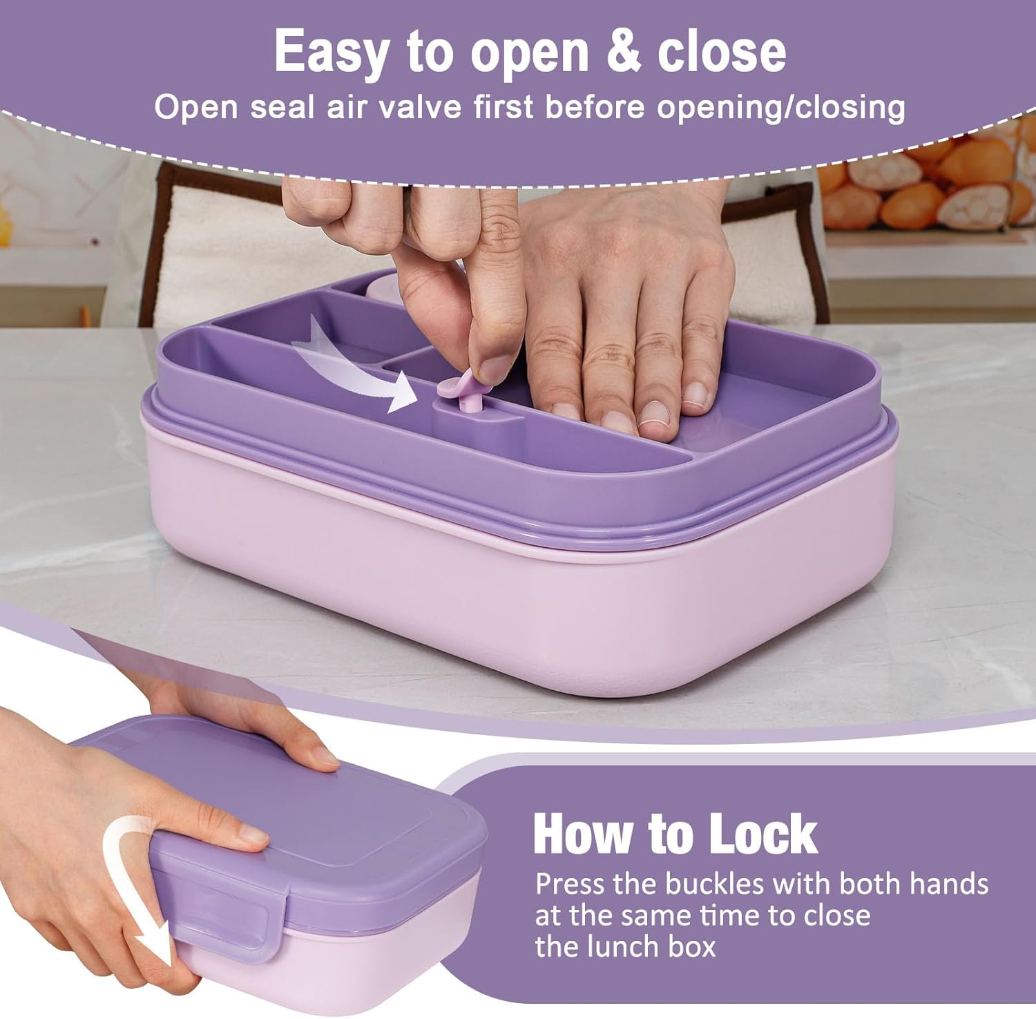 Caperci Stackable Bento Lunch Box for Adult & Teens - Reinforced Leak-Proof Lunch Container 4-Compartment with Utensils & Sauce Container, BPA-Free, Dishwasher/Microwave Safe, 47oz (Orchid Bloom) - Image 3