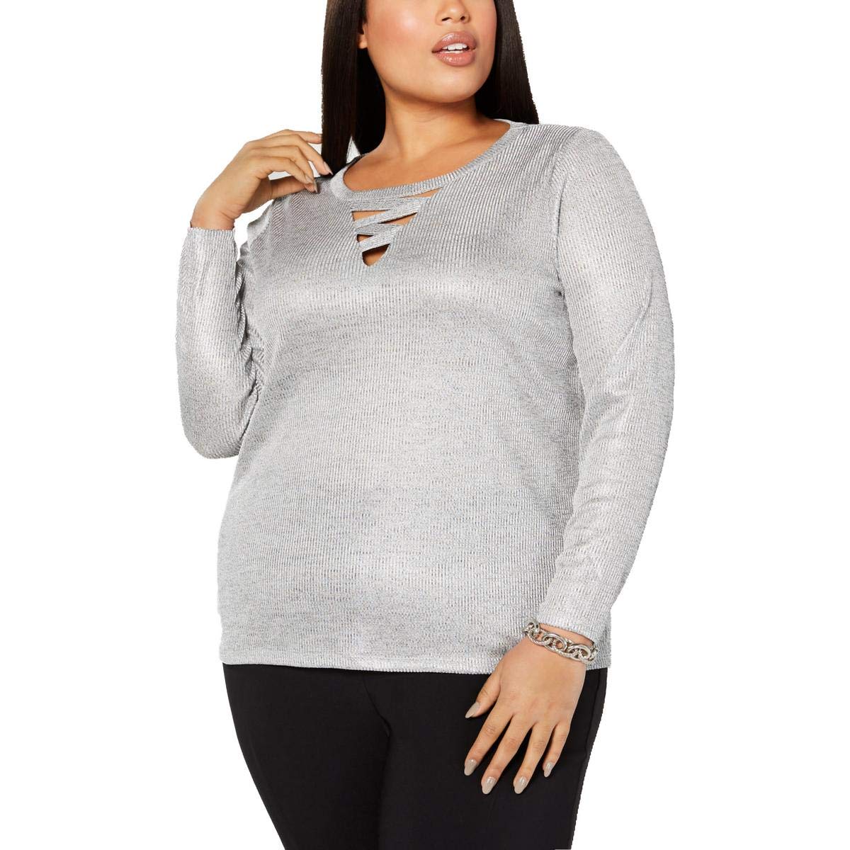 INC Womens Shiny Criss-Cross Pullover Top Silver S