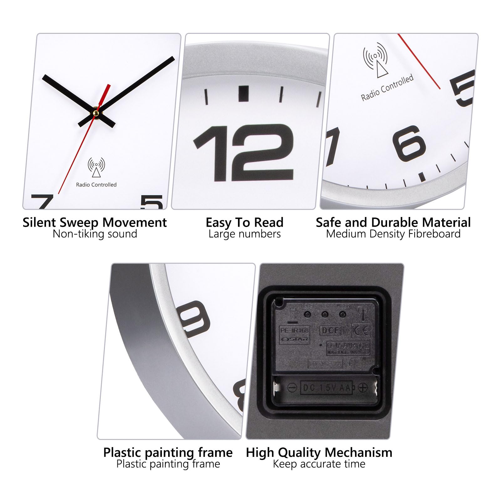 Funkuhr Wanduhr 30cm Quarz Batterie Betriebene Groß Wanduhr Einfach zu Lesen für Zimmer Zuhause KüChe Schlafzimmer Büro Schule (Weiß + Silber, 30cm)