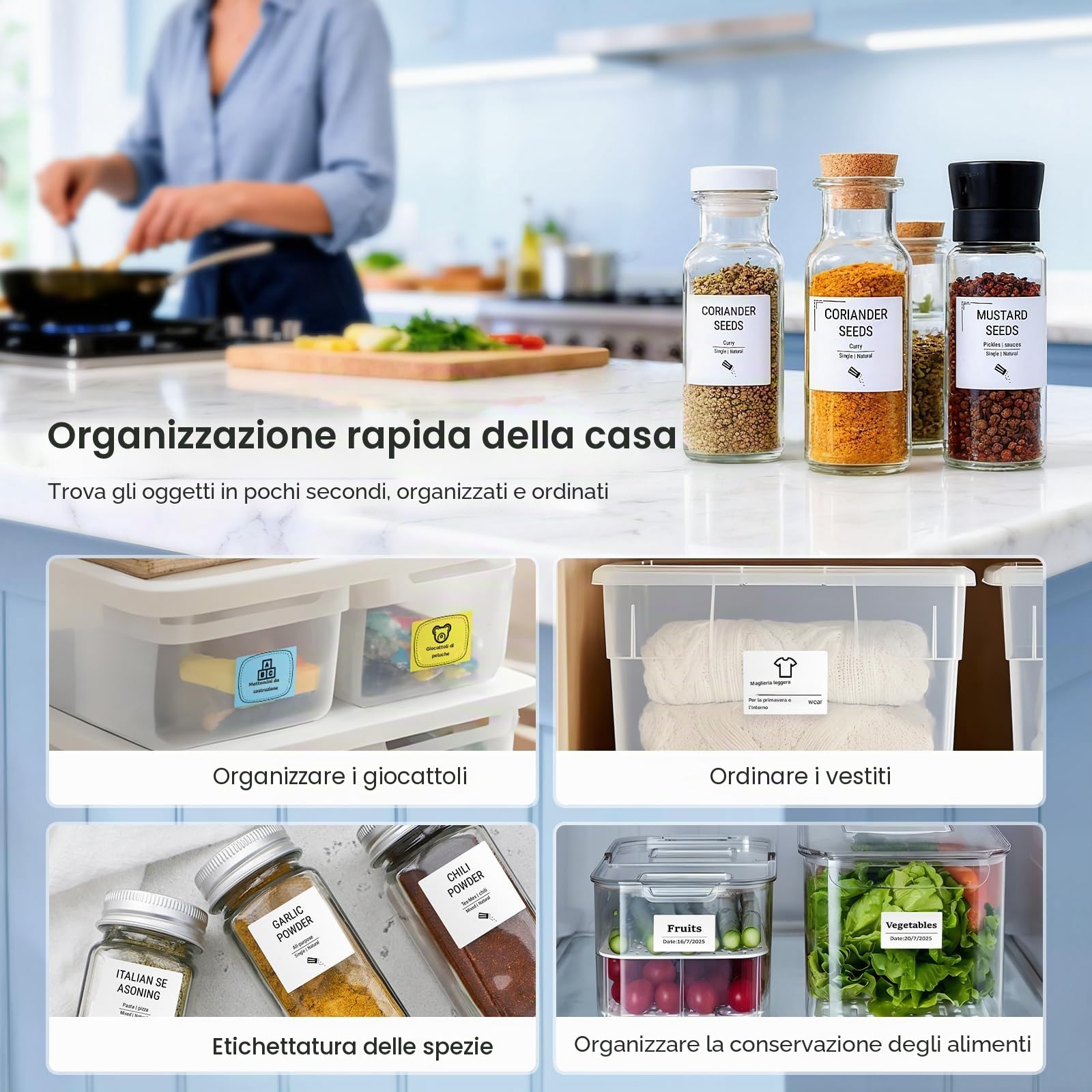 CLABEL 221B Etichettatrice Kit per Congelamento 3 Rotoli 50x30mm + 1 Rotoli 50x30mm Stampante Etichette Adesive Termica Bluetooth Portatile per Freezer Alimenti e Logistica Catena del Freddo Cucina