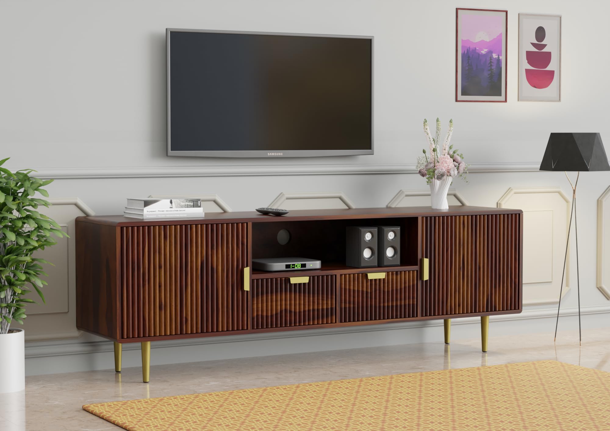 Wooden Entertainment Tv Unit for Living Room | Tv Cabinet with 2 Drawer, 2 Doors & 1 Shelf Storage | Media Console Tv Cabinet for Drawing Room |Sheesham Wood | Walnut Finish & Golden-image-24