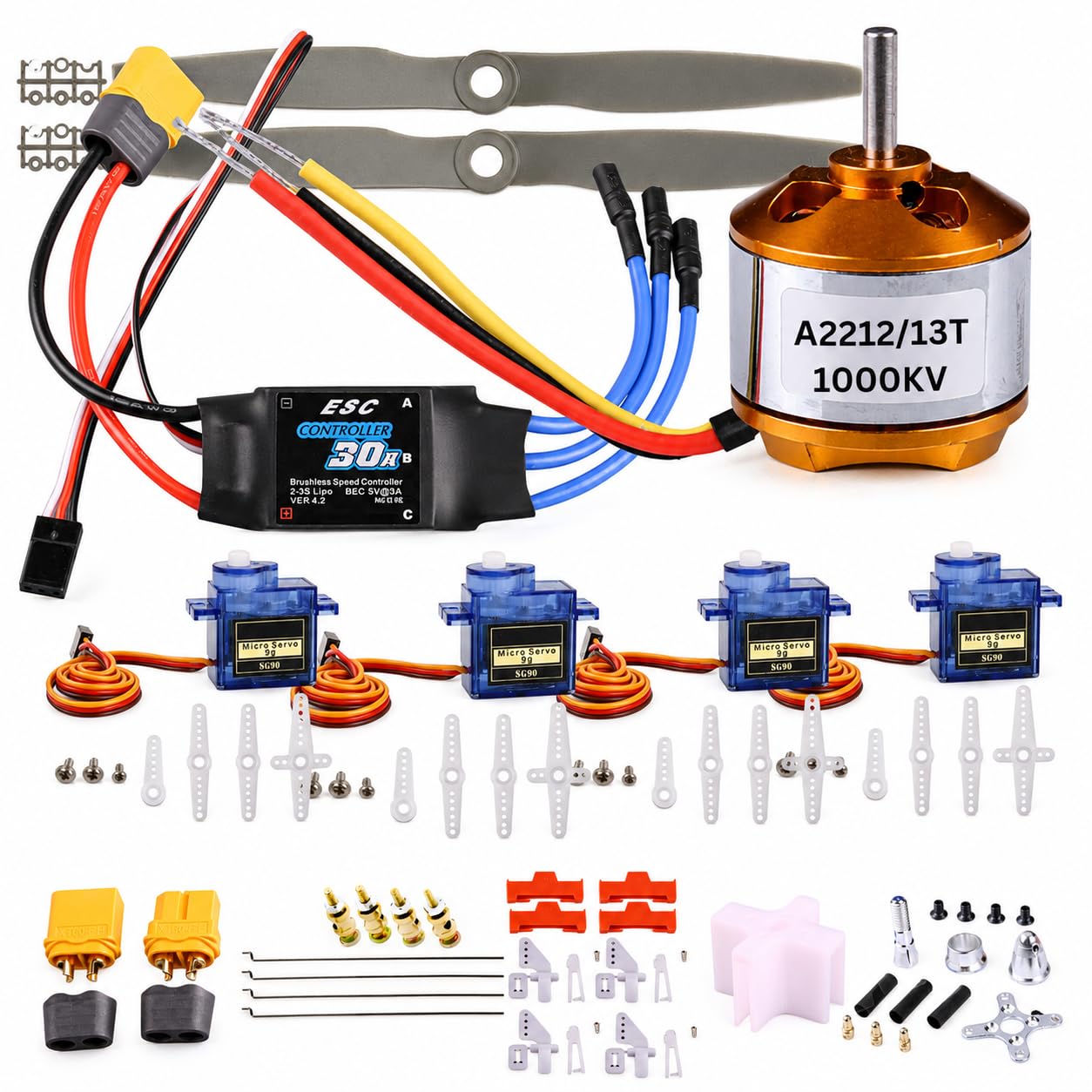 Kit per aeroplano RC fai da te A2212 KV1000 Motore Brushless con ESC 30A, 4 servo SG90, 2 eliche abbinate, spina XT60, filo Z, supporto motore, corno del timone e connettori per aereo RC ad ala fissa