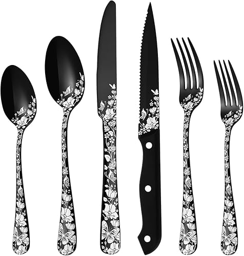 Stapava Juego de cubiertos negros de 24 piezas con cuchillos de carne para 4, juego de cubiertos de acero inoxidable, incluye tenedores, cucharas y