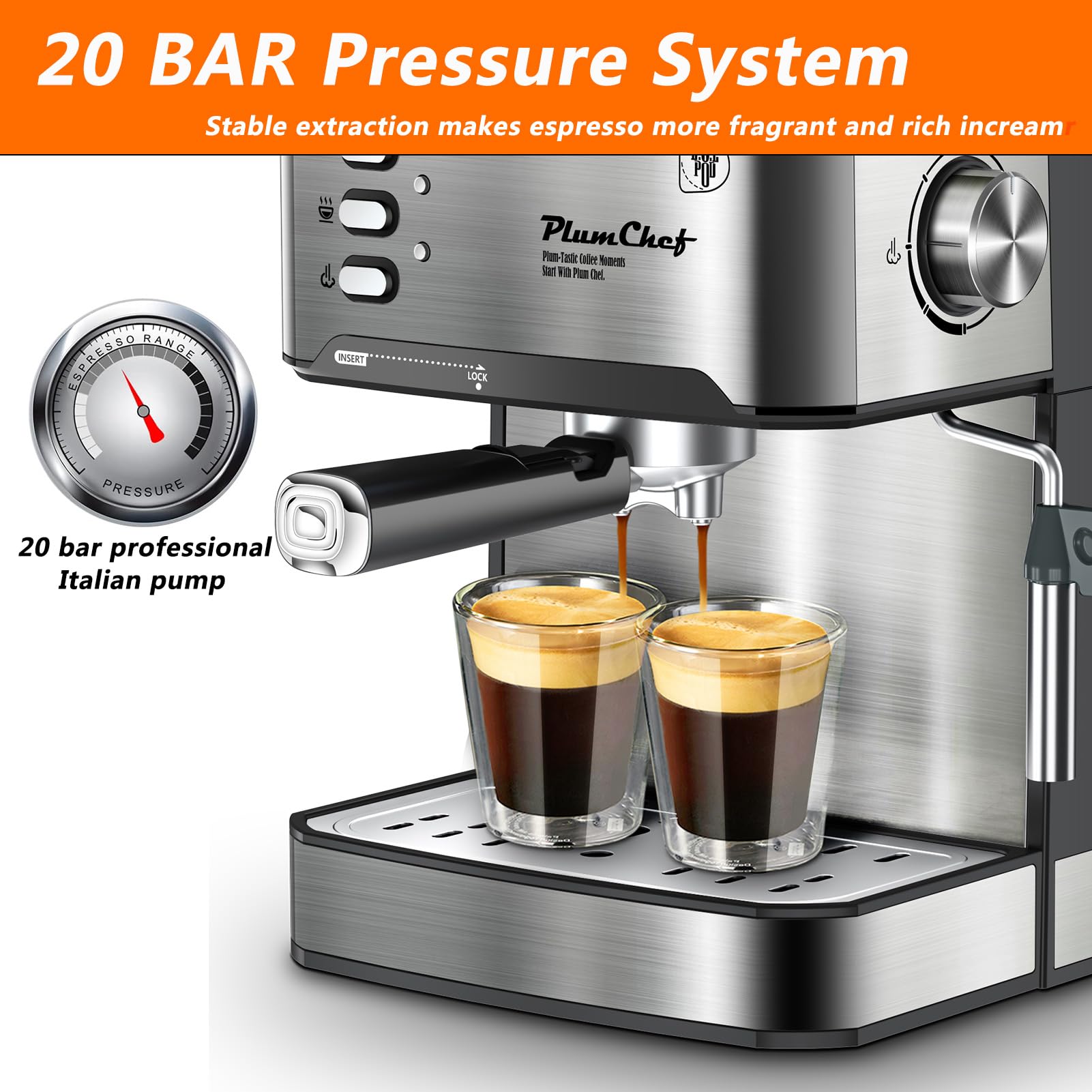 PlumChef Espresso Machine 20 Bar Professional Compact Homehold Coffee Espresso Maker with Milk Frother Steam Wand 54oz Water Tank Low Noise and Fast Coffee Machine for Latte Cappuccino