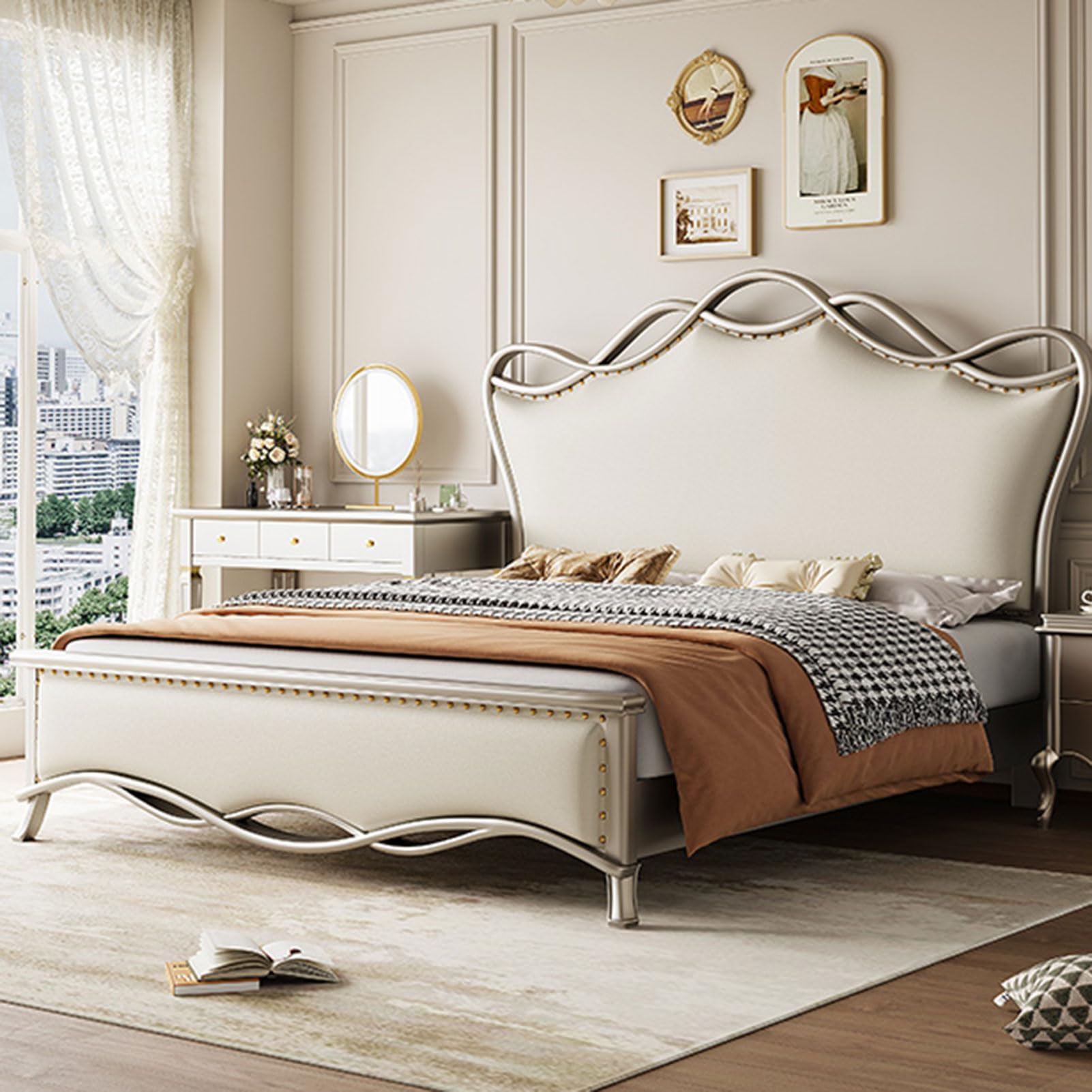 Modern Luxury King Size Genuine Leather Bed Upholstered Platform Bed Frame with Headboard and Storage Drawers No Box