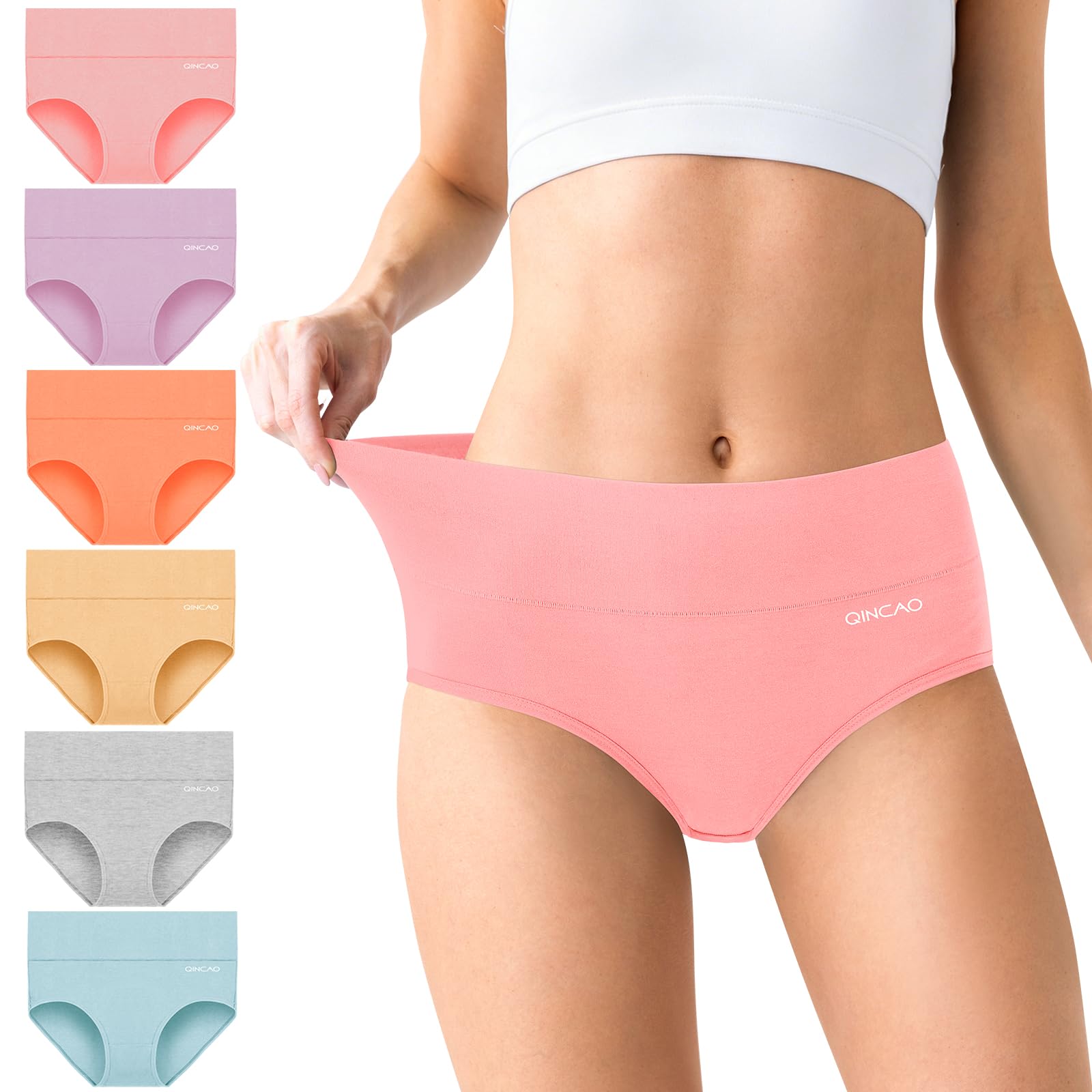 QINCAO Bragas Mujer, Pack de 6 — Bragas Mujer Cintura Alta Algodón, Transpirables y Suaves