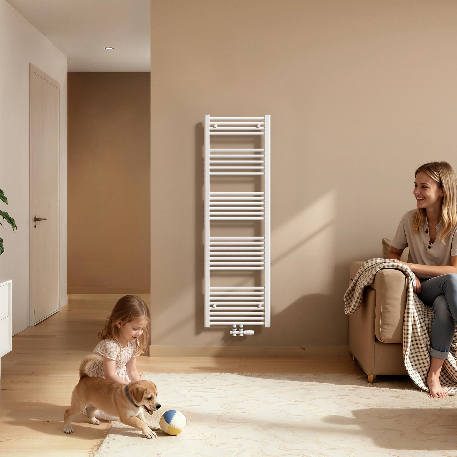 EMKE Scaldasalviette termoarredo, 120 x 50 cm, bianco colore, radiatore scaldasalviette ad acqua calda, termoarredo da bagno con collegamento centrale