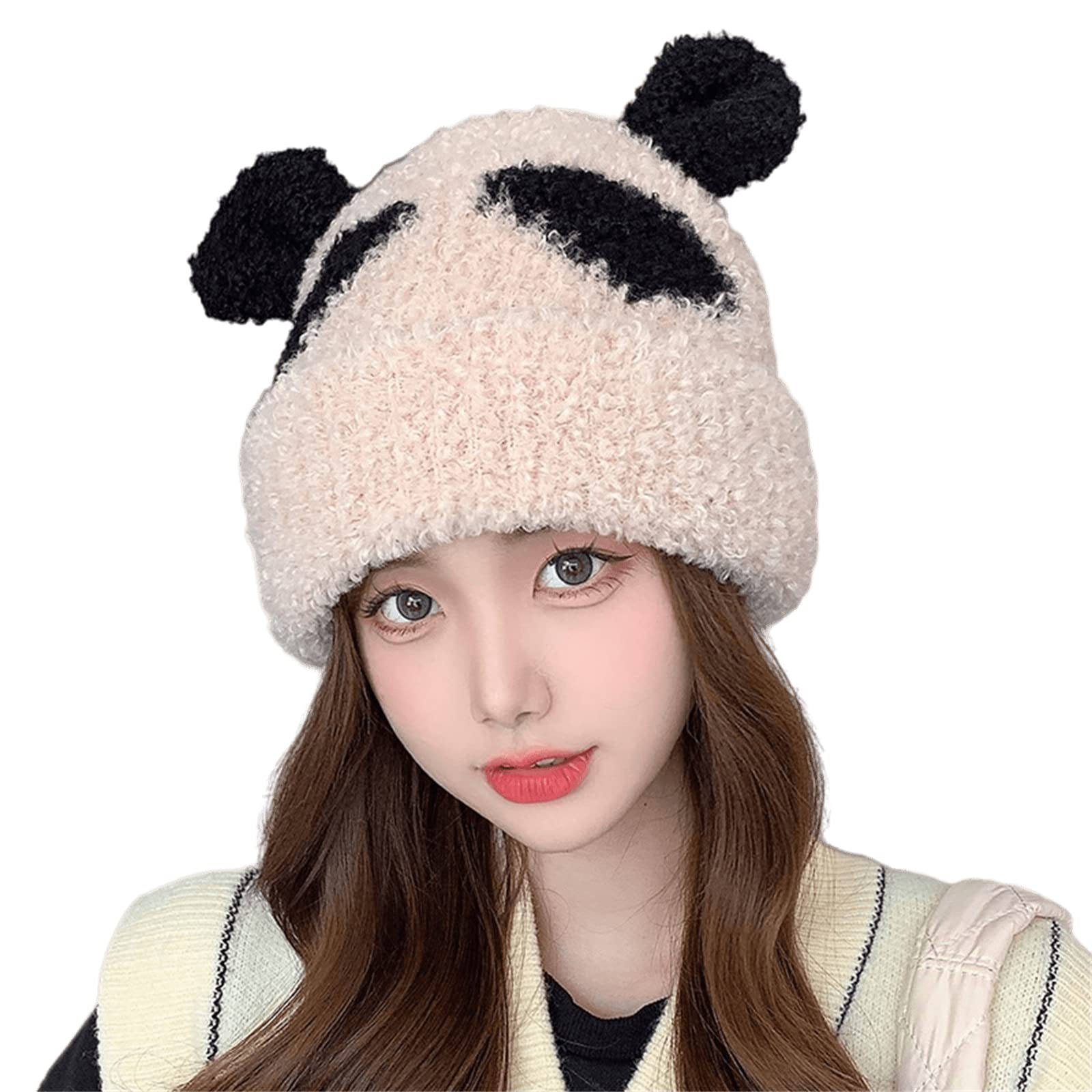 Aobiono Women Kawaii Panda Beanie Hat Ears Cute Anime Winter Fleece Plush Knitted Warm Japanese Korean Fluffy Skull Cap Hood, Beige, One size
