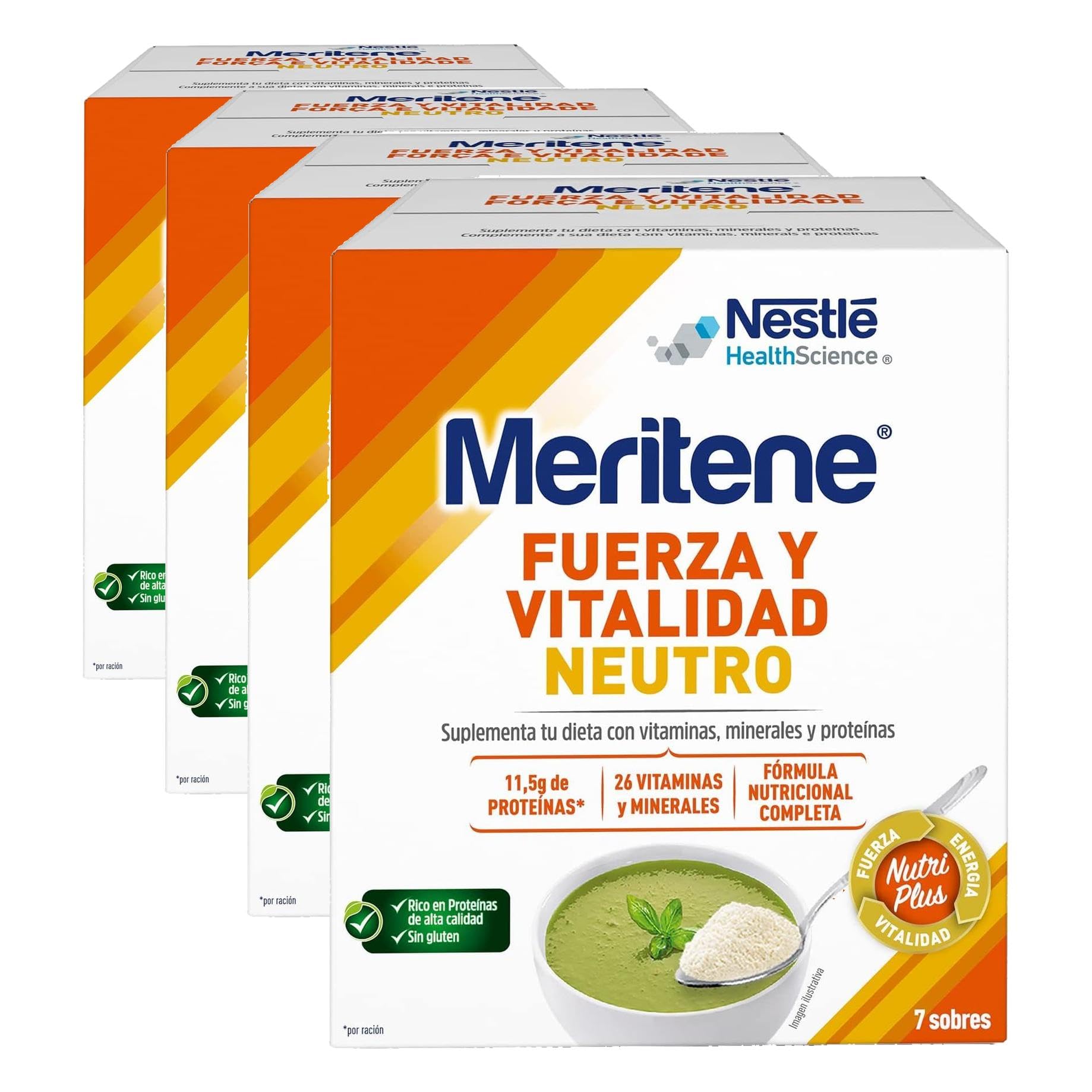 Meritene | Fuerza y Vitalidad |Sabor Neutro | Fuerza para tus Músculos, Vitalidad para ti | Solución Nutricional para Adultos con Proteínas, Vitaminas y Minerales| 7 Sobres | 350 gr (Paquete de 4)