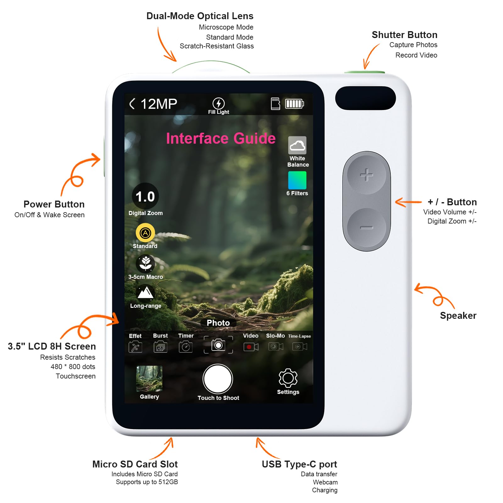 MicroCam-X1 Fotocamera Digitale, Sensore CMOS 12MP, Microscopio 400X, Video 4K, Autofocus, LCD da 3,5 pollici, Fotocamera compatta per bambini per l'apprendimento STEM | Point & Shoot
