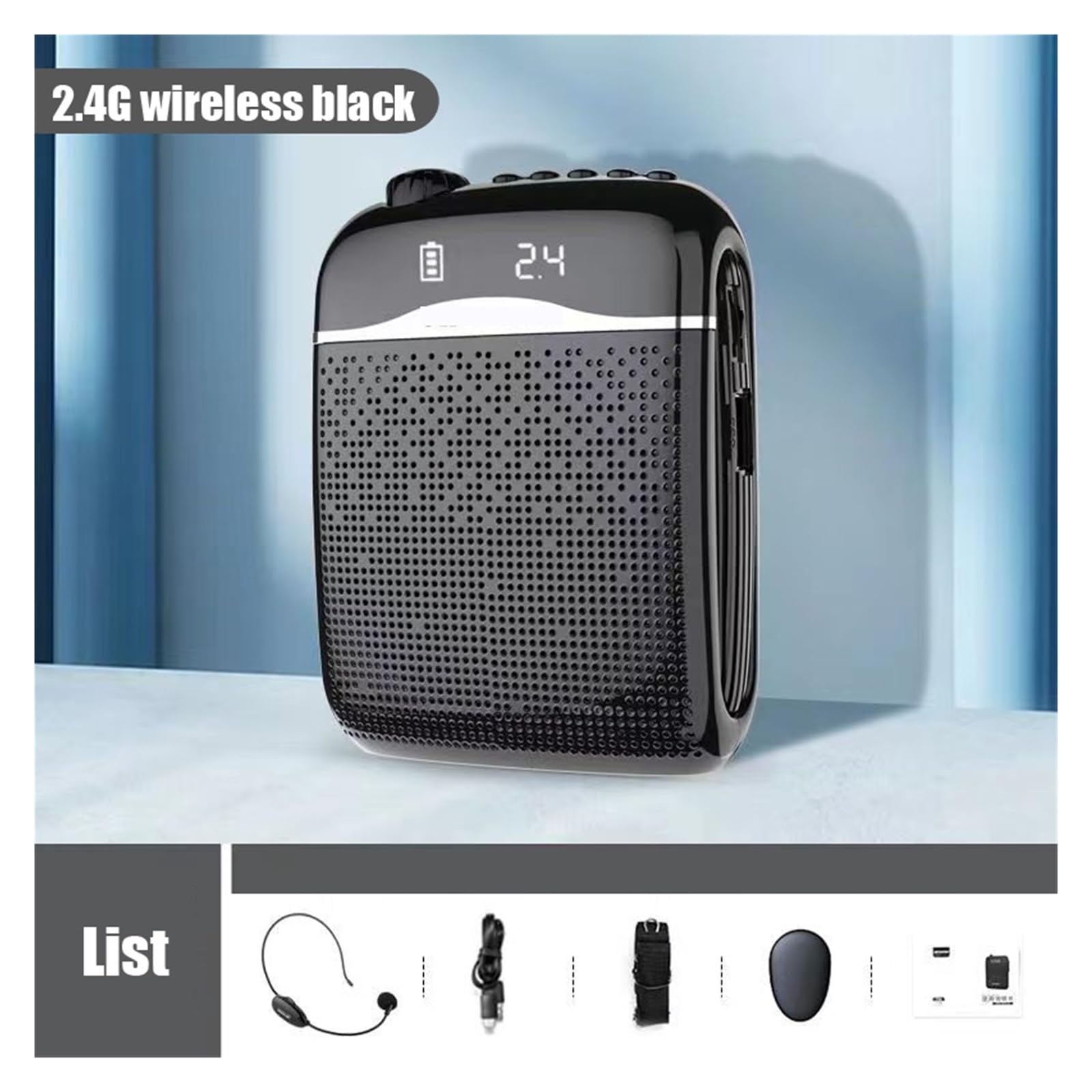 Amplificatore vocale da 20 W Microfono wireless cablato/2.4G Altoparlante 5.0 Guida turistica for insegnanti Radio FM portatile Megafono per l'Insegnamento(Black-2.4G Wireless)