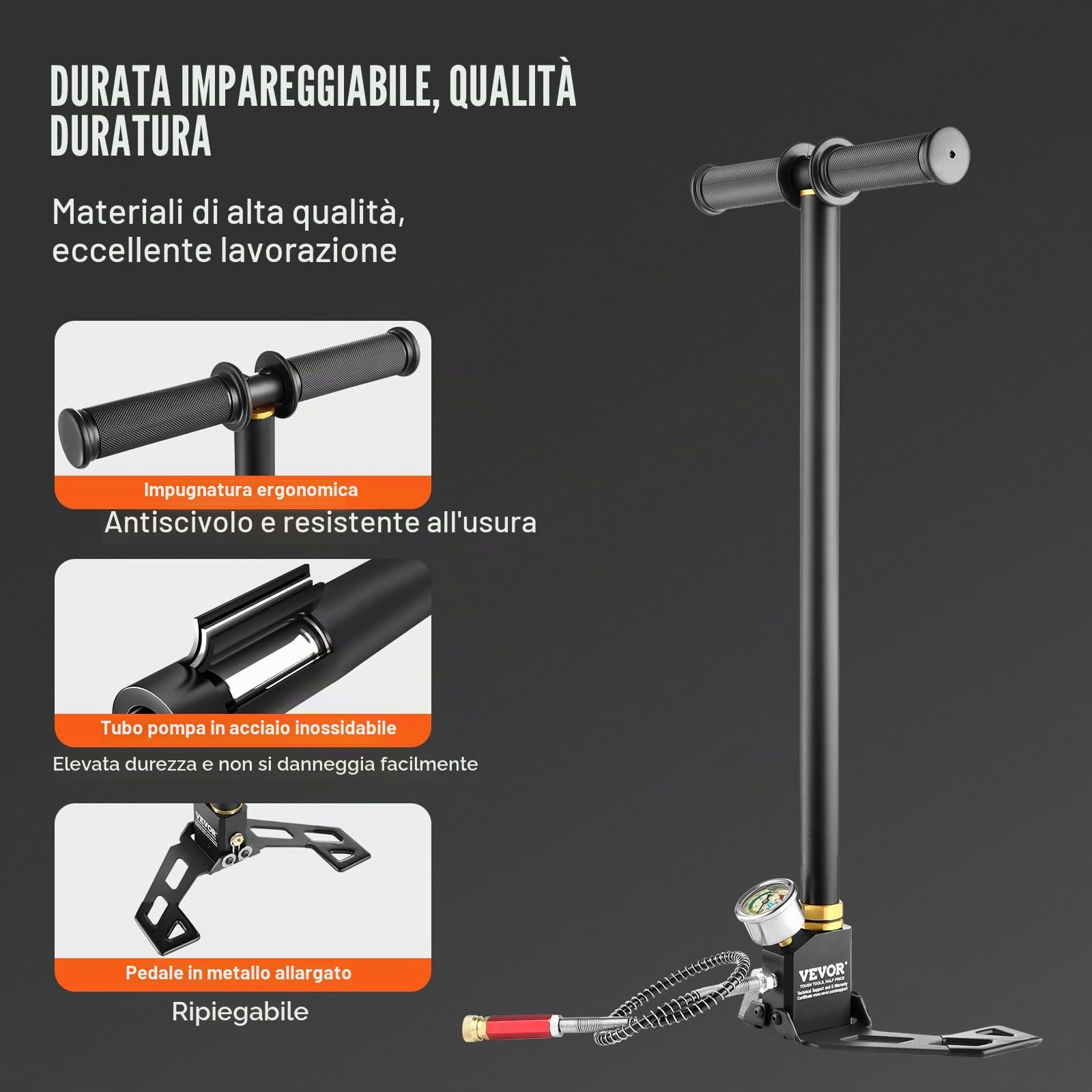 VEVOR Pompa PCP, pressione 4500 PSI (0-30 MPa), pompa a mano ad alta pressione, raffreddata ad acqua, nero, acciaio inossidab