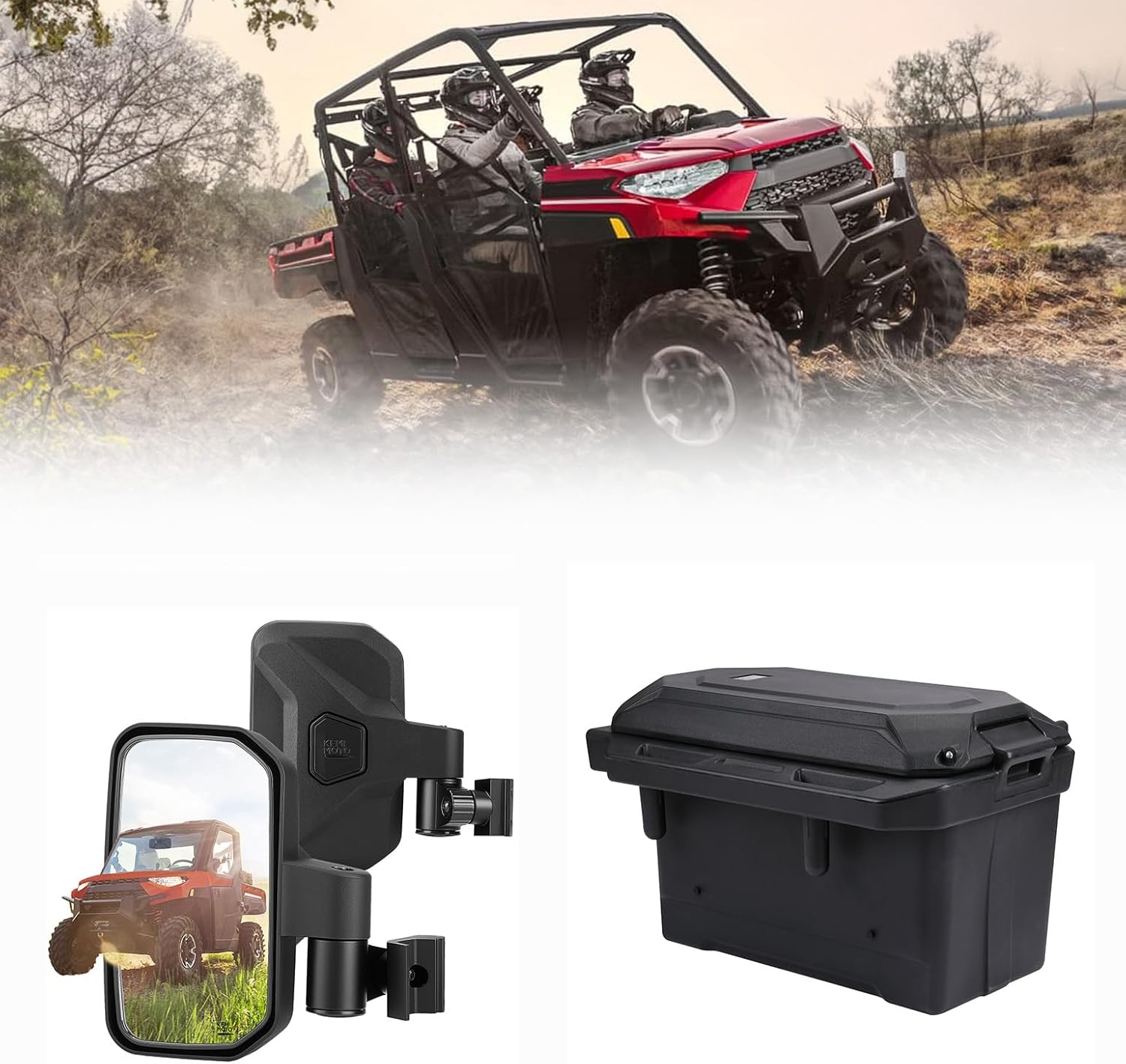 KEMIMOTO UTV Bed Storage Box and Spring Back Side Mirrors Compatible with Polaris Ranger 1000 900 700 570