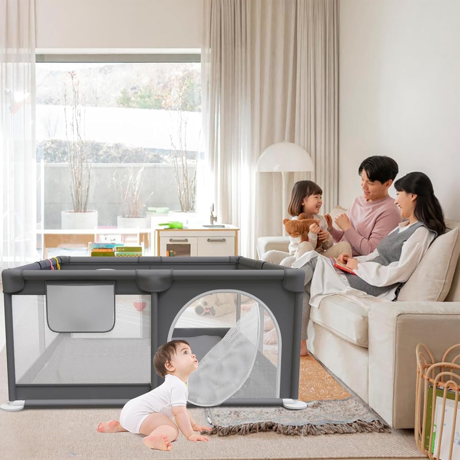 Box per bambini, 150 x 180 cm, con 2 anelli di trazione | base antiscivolo, porta con cerniera interna, tessuto Oxford impermeabile, tubi in acciaio ispessito