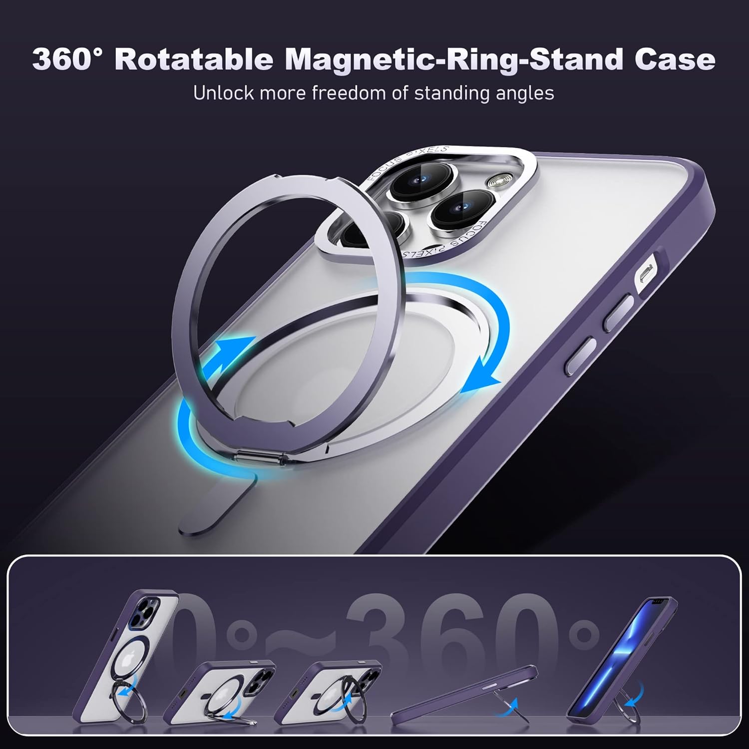 For iPhone 11 Pro Max Case with Invisible Magnetic Stand, Military Drop Protection, Compatible with MagSafe, 360° Rotatable Magnetic Ring Kickstand, Shockproof Waterproof Clear Phone Cover, Purple