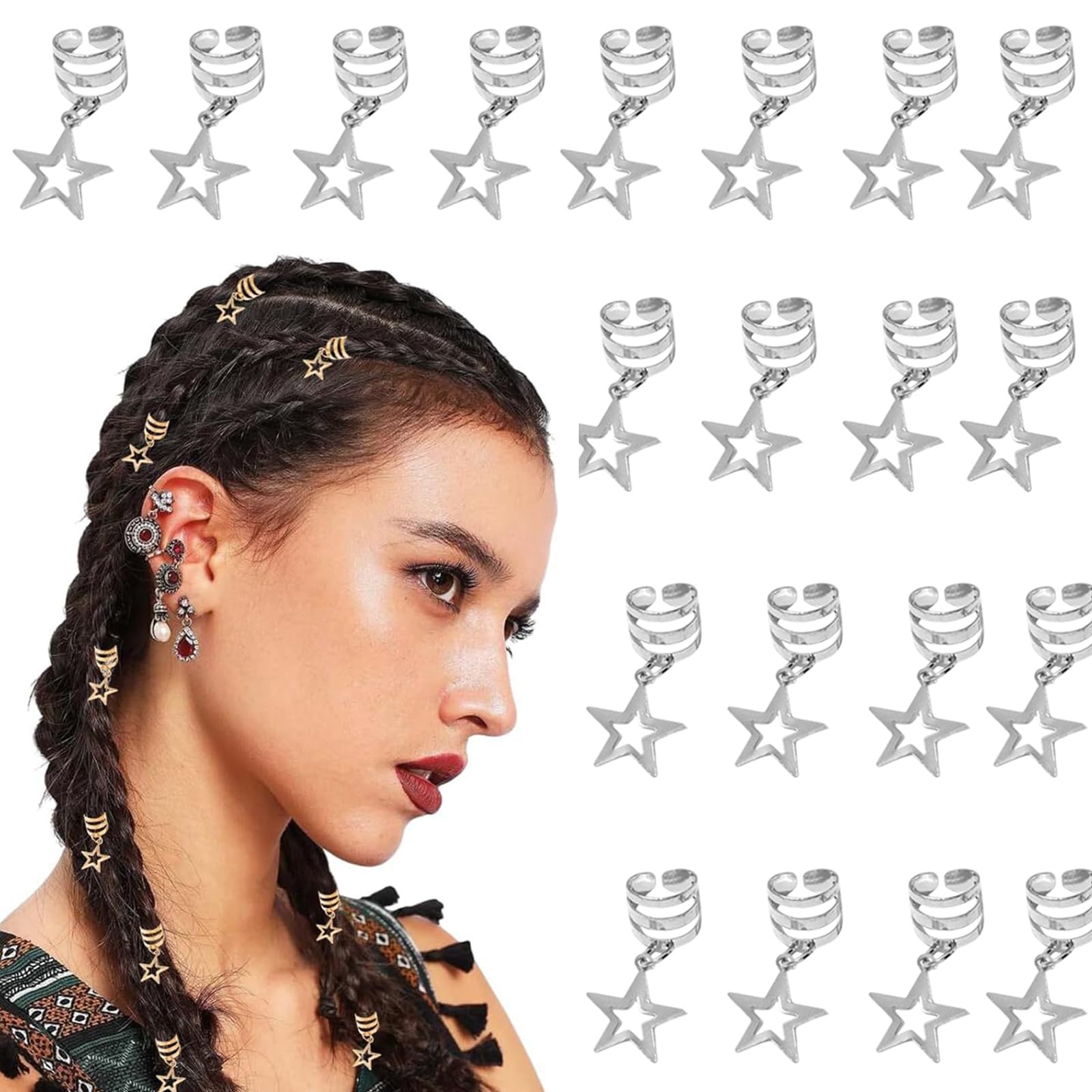 Hollow Five-pointed Star Hair Braids Hair Jewelry Cuffs Dreadlock Braids Pendants Clip Rings and Accessories for Women (Sliver)