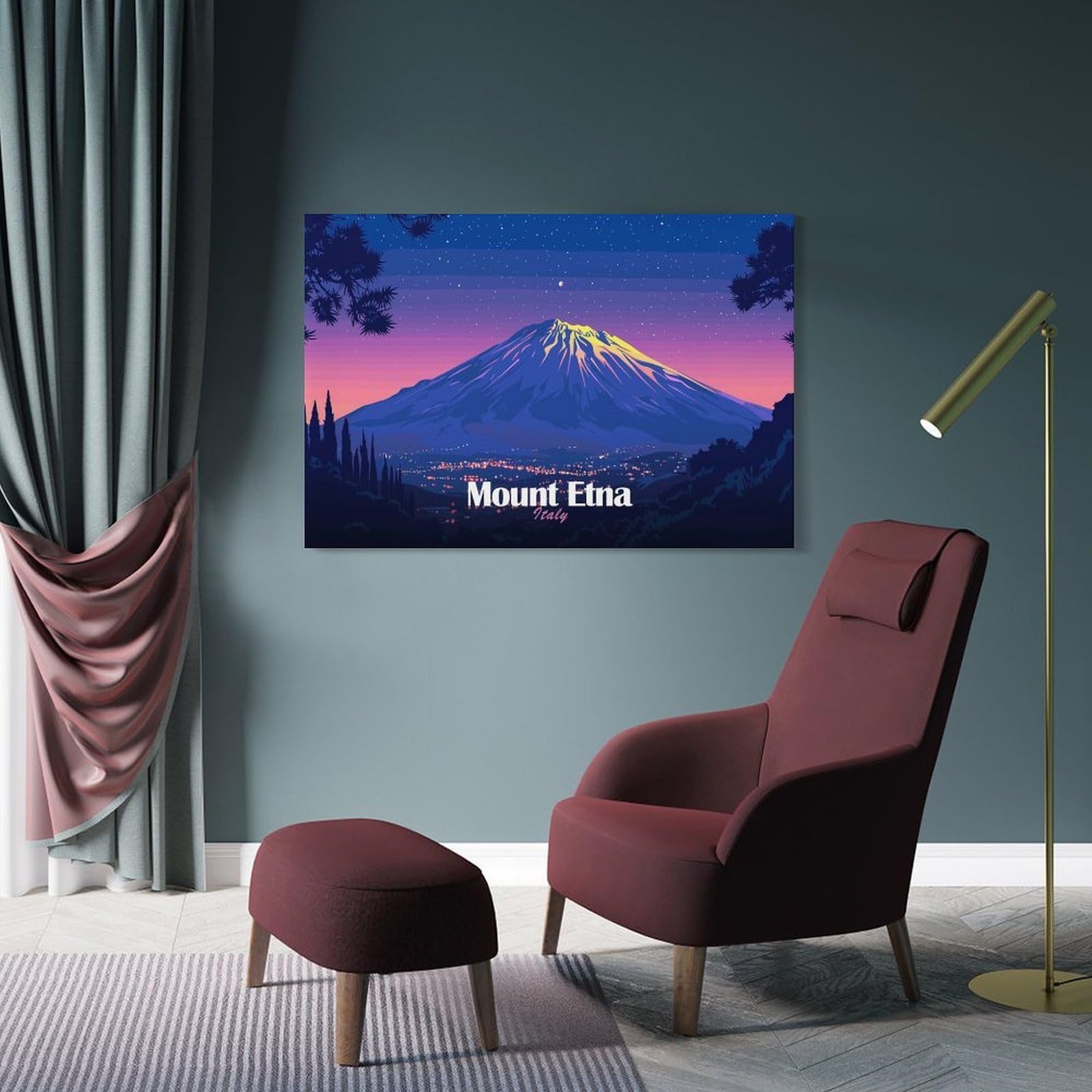 Junmoney Frame-Style-12-1 Mount Etna, Italy At Night Canvas Wall Picture, 20X30inch(50X75cm), For Study, Office Or Focused Interiors, Home Office Artwork With Decorative Appeal